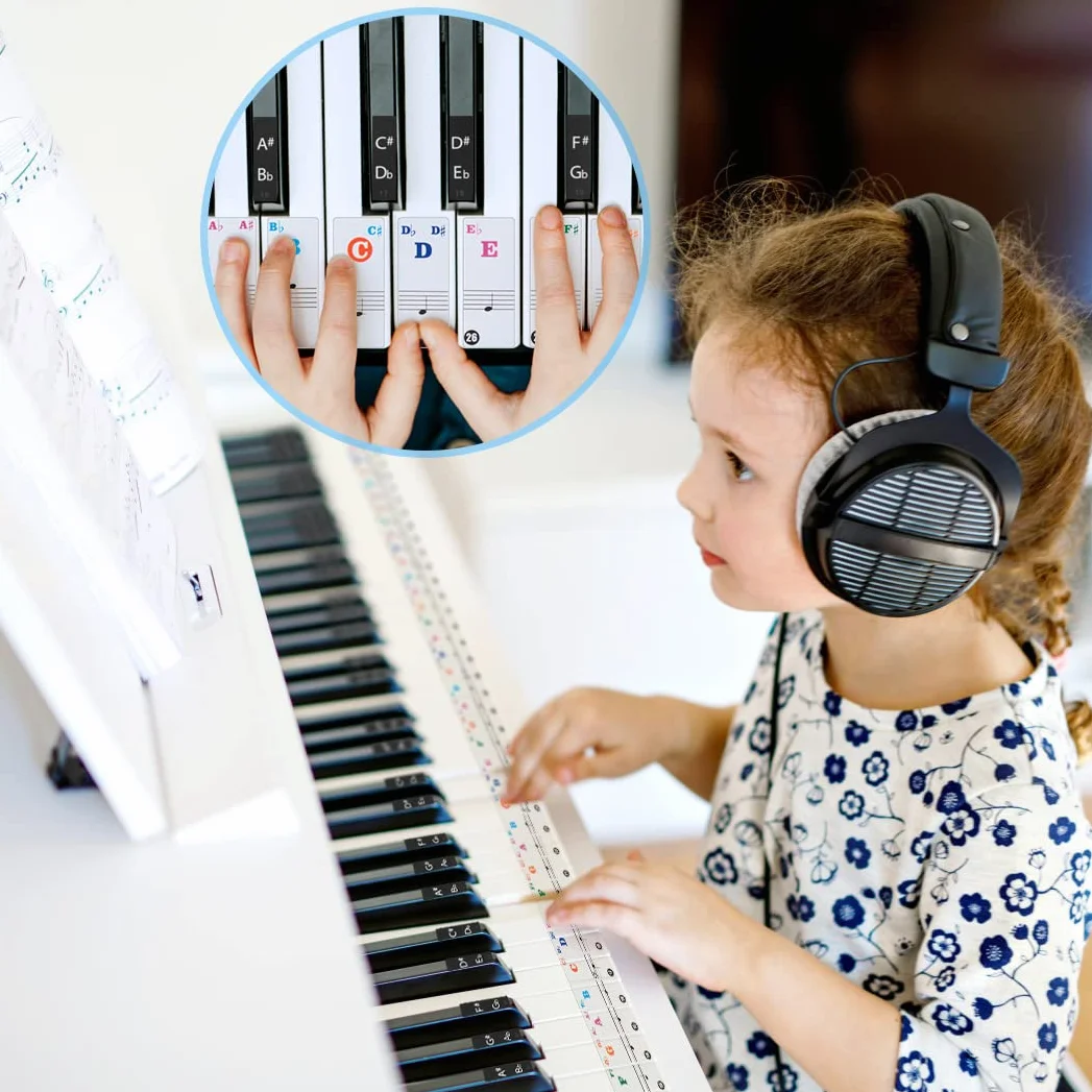 Naklejki fortepianowe na klawisze fortepianowe 37/49/54/61/88 klawiszy, przezroczyste, zdejmowane, kompletny zestaw naklejek na białe i czarne klawisze, fortepian, keyboard, naklejki na nuty, 2 sztuki
