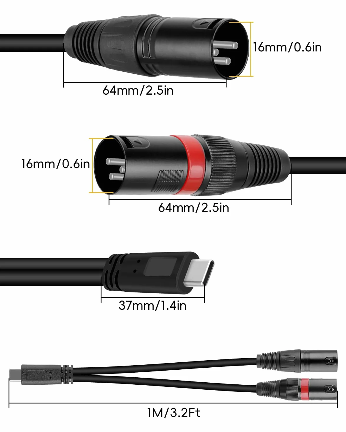 GELRHONR Męski kabel audio USB C na podwójny XLR, 3,3 m m XLR kabel zasilający stereo typu C do wzmacniacza mocy, głośnika, miksera audio i innych