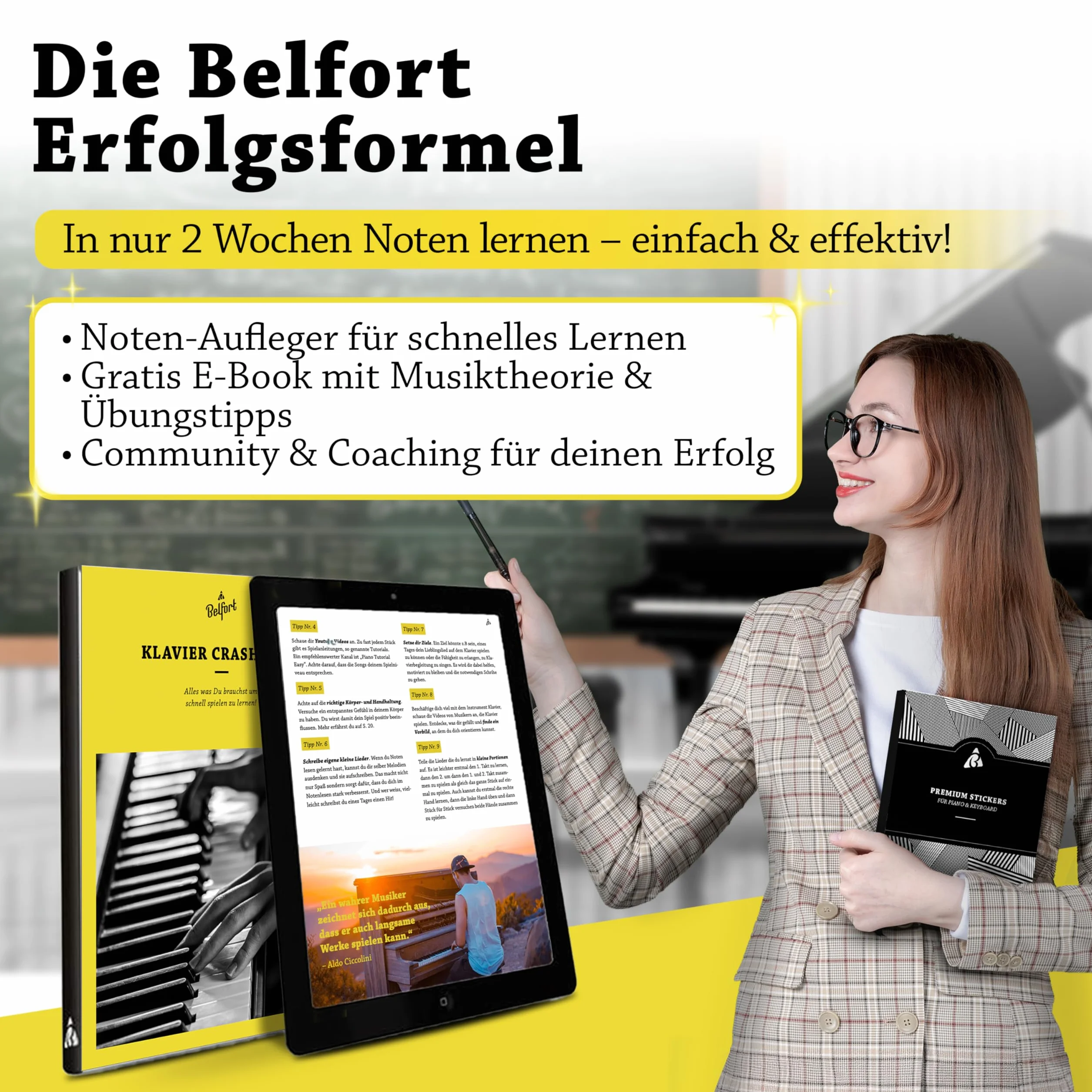 BELFORT® naklejki na klawisze pianina + keyboard na 49, 61, 76, 88 klawiszy + ebook, naklejki na pianino kompletny zestaw do czarnych i białych klawiszy, C-D-E-F-G-A-H, prosta instrukcja w języku niemieckim