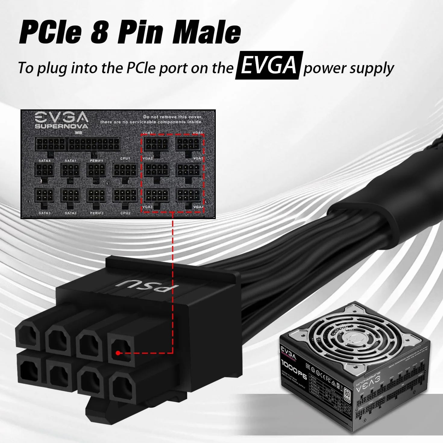 COMeap Adapter do kabli zasilających PCIe 8 Pin na 8 Pin (6+2), Pleciony specjalny kabel dla zasilaczy EVGA, długość 63 cm, opakowanie 2 sztuki