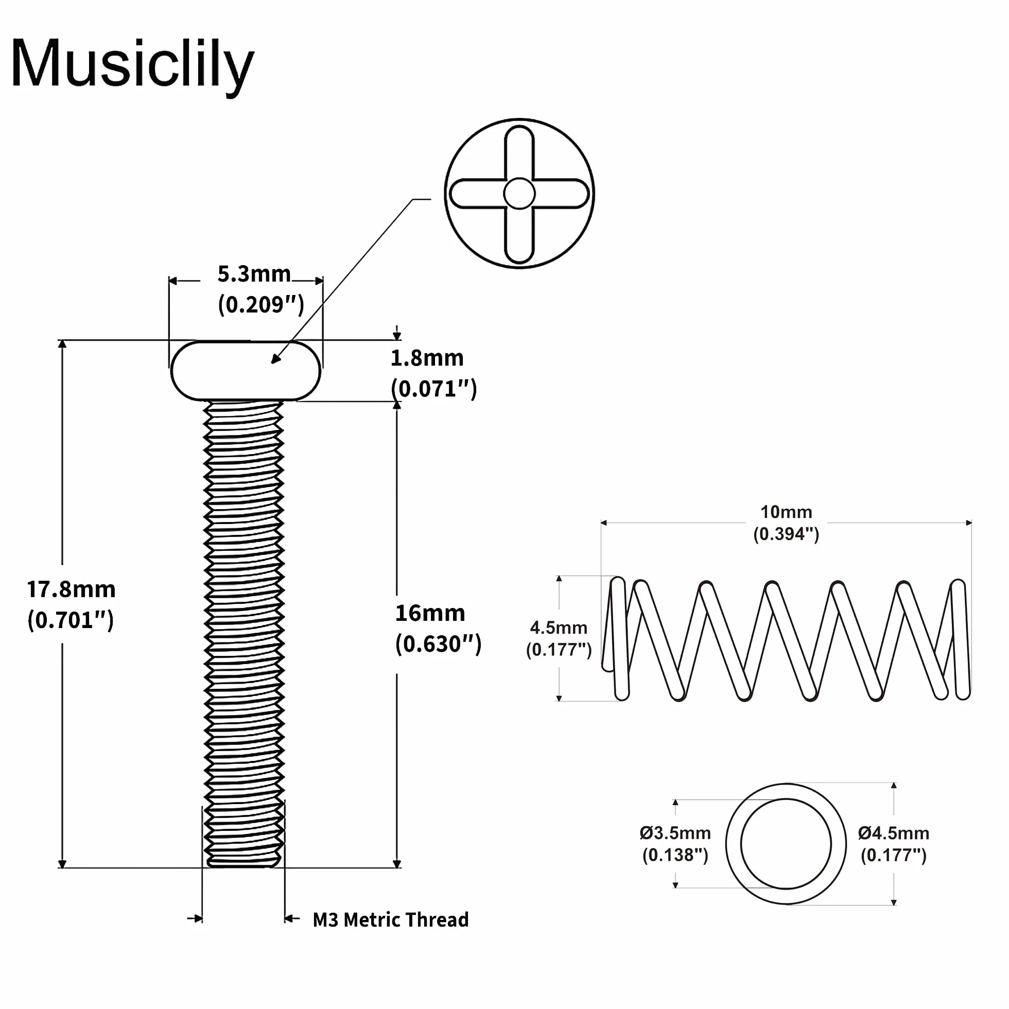 Musiclily Pro Metryczna M3X16mm Stal Nierdzewna Siodełko Intonacja Śruby i Sprężyny do Mostka Tremolo Gitary Elektrycznej Import Strat Style, Oryginalny Kolor (6 szt.)