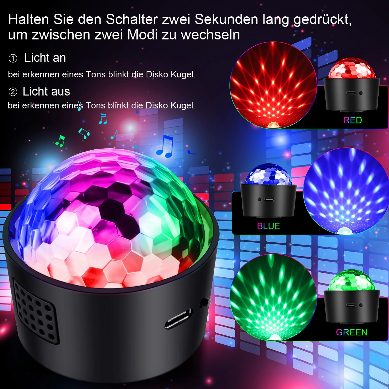 SEBRUANC mini kula dyskotekowa, oświetlenie LED, oświetlenie imprezowe, sterowane muzyką, 380 mAh, USB typu C, dla DJ, światło stroboskopowe z lampką nocną dla dzieci, na imprezy, urodziny, KTV