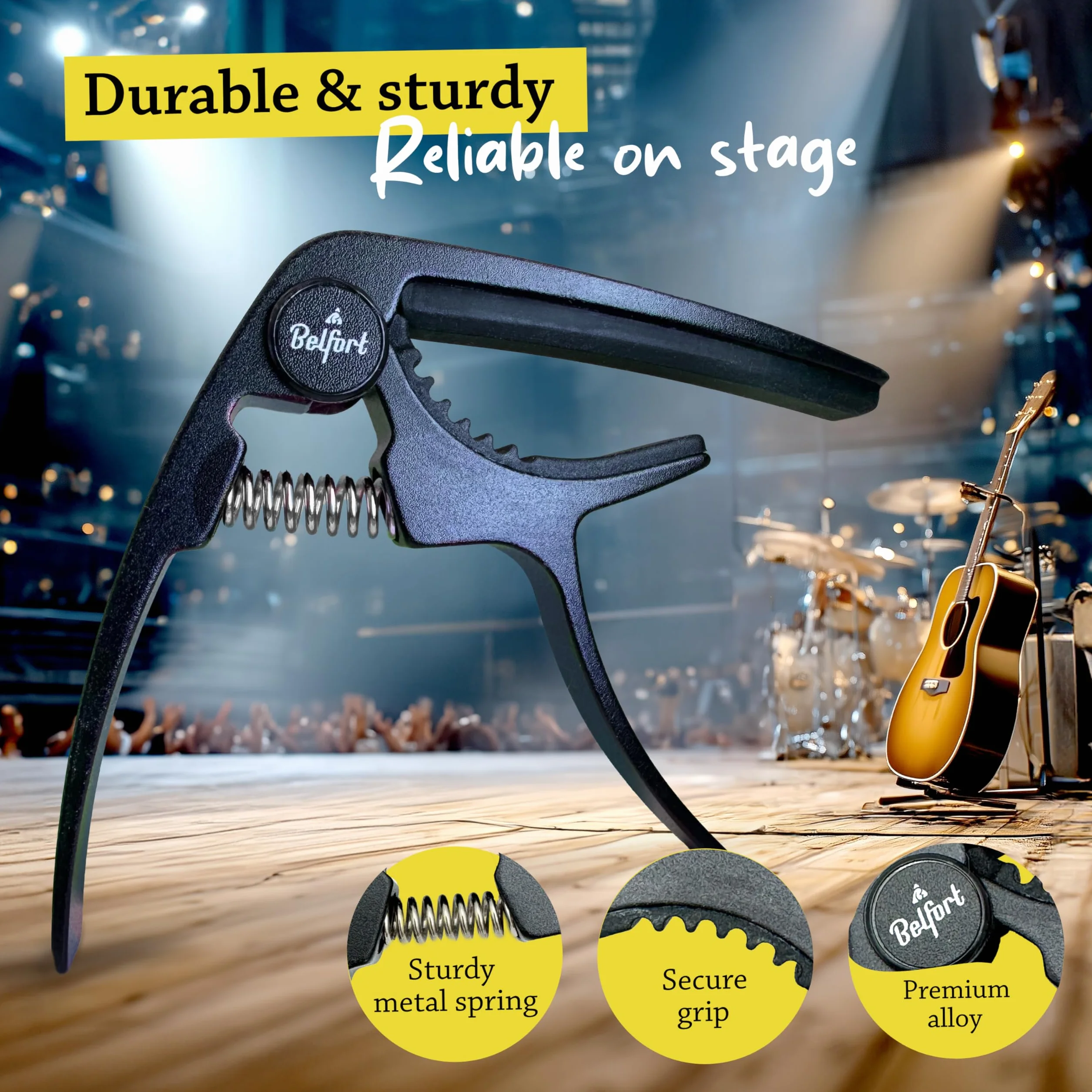 BELFORT® Oryginalny kapodaster QuickPitch do gitary + 3 kostki + gratis eBook ☆ Dziecinnie łatwa obsługa ☆ Capo do gitary – gitara westernowa, akustyczna, koncertowa, elektryczna i ukulele