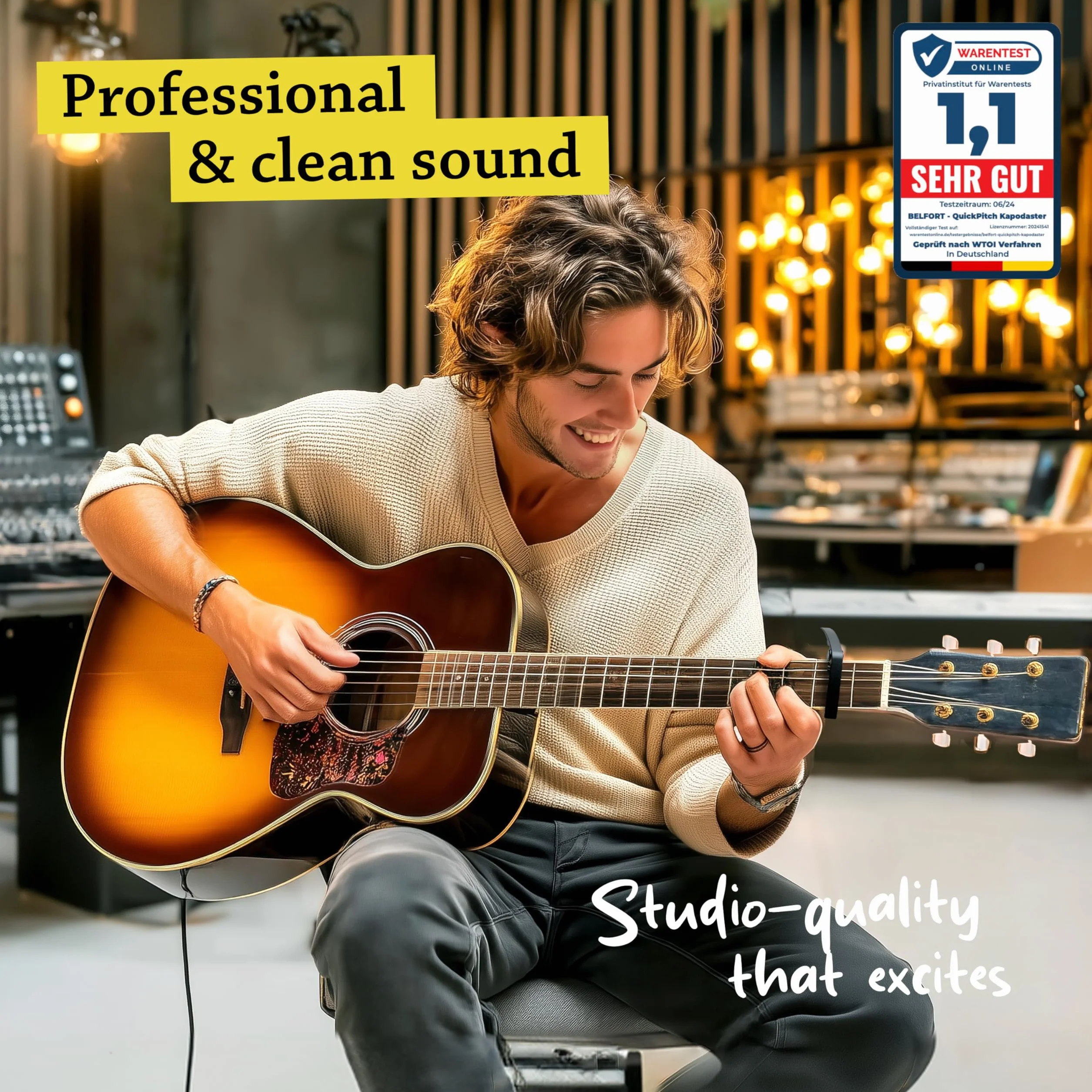 BELFORT® Oryginalny kapodaster QuickPitch do gitary + 3 kostki + gratis eBook ☆ Dziecinnie łatwa obsługa ☆ Capo do gitary – gitara westernowa, akustyczna, koncertowa, elektryczna i ukulele