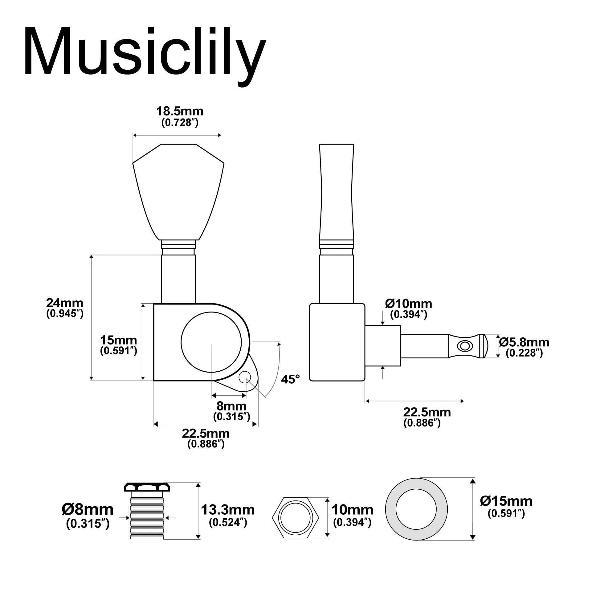 Musiclily Basic 3L+3R Klucze Gitaryowe Tunery Kołki do Strojenia do Gitary Elektrycznej Akustycznej, Złoty z Keystone Guziki