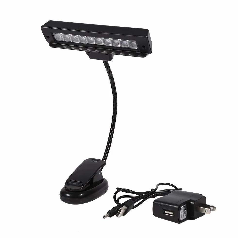 Przypinana na Stojak na Nuty z przenośną 10 Diodami LED, Lampka do Czytania na Biurko w Sypialni do Stojaków na Nuty (Mały klips na baterię 10 lampek z USB + zasilacz)