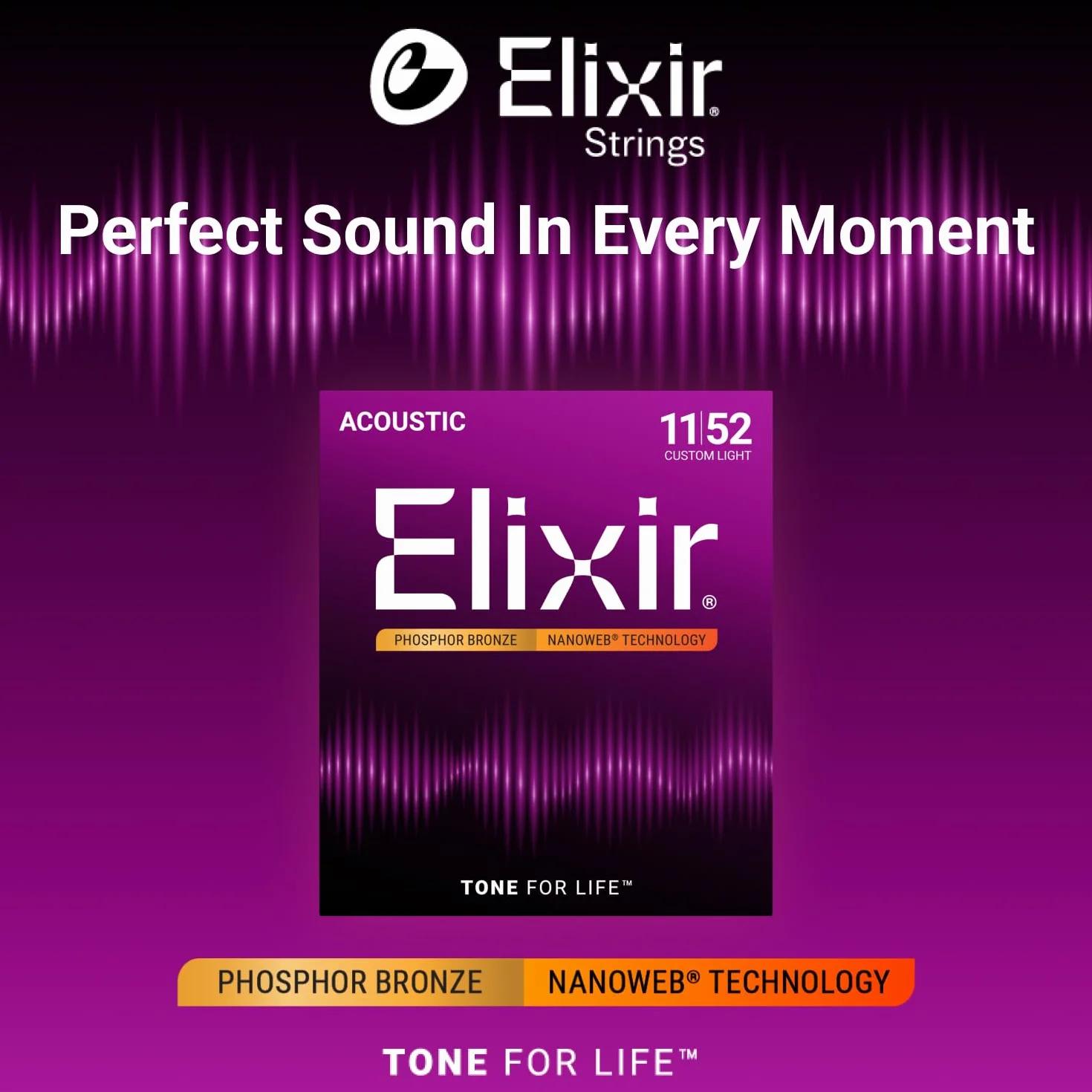 EliXir 16027 Acoustic Guitar Struny 6 Acoustic Fosforu Brąz Nanoweb Coating Custom Light
