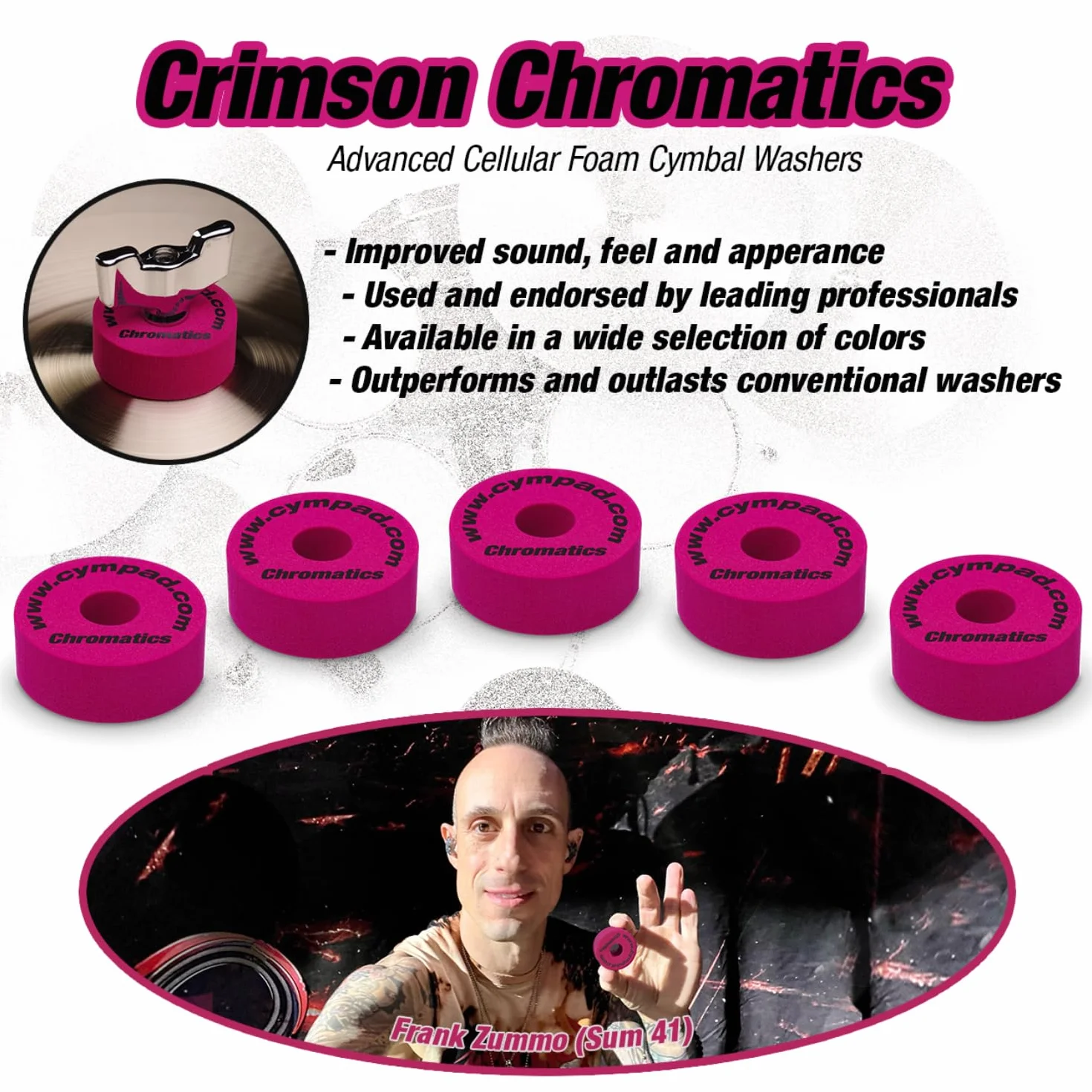 Zestaw podkładek Cympad Cremisi Chromatics Foam - Rondelle z wysokiej gęstości pianki memory foam, poprawiające dźwięk i trwałość, pasujące do wszystkich statywów perkusyjnych - 40/15mm.