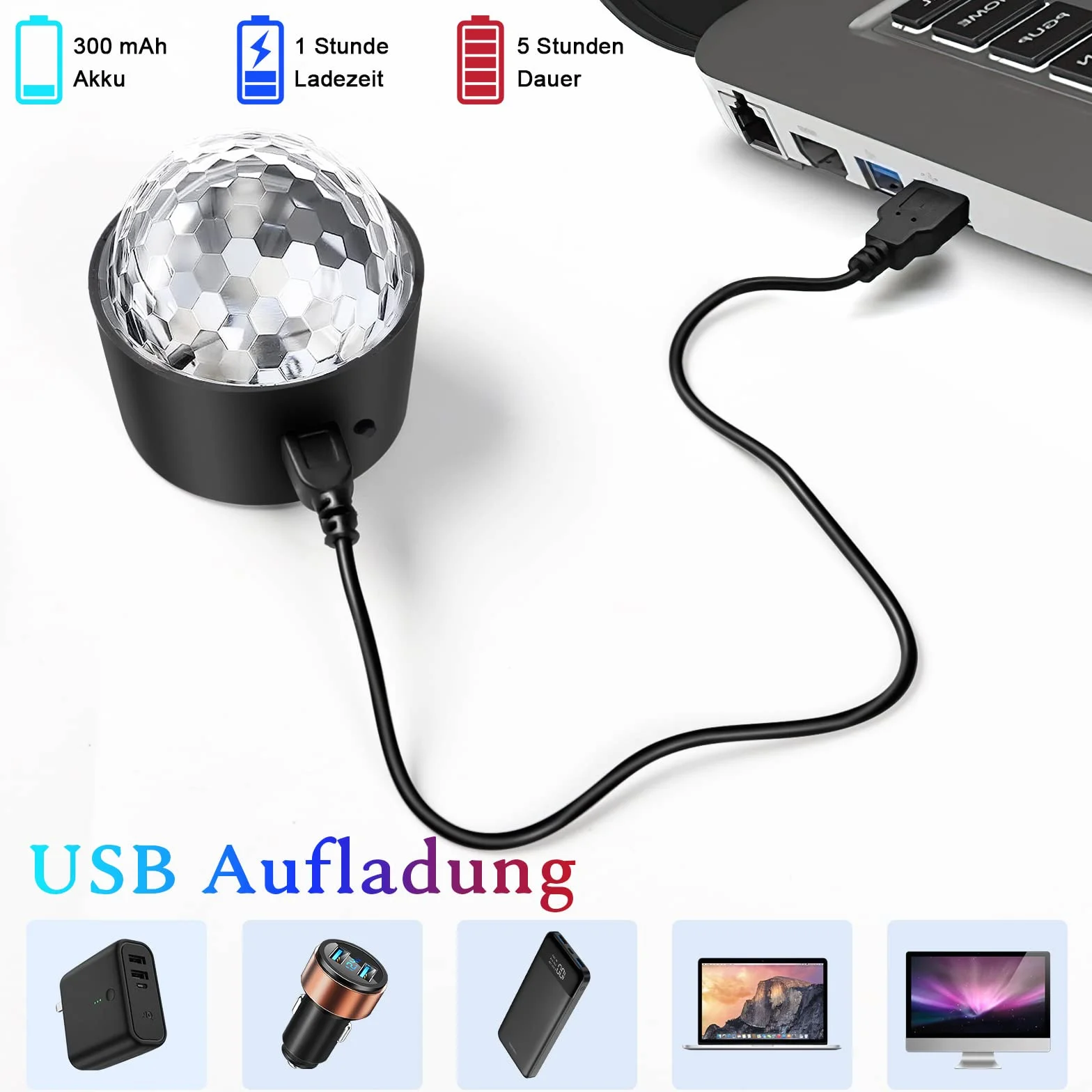 SEBRUANC mini kula dyskotekowa, oświetlenie LED, oświetlenie imprezowe, sterowane muzyką, 380 mAh, USB typu C, dla DJ, światło stroboskopowe z lampką nocną dla dzieci, na imprezy, urodziny, KTV