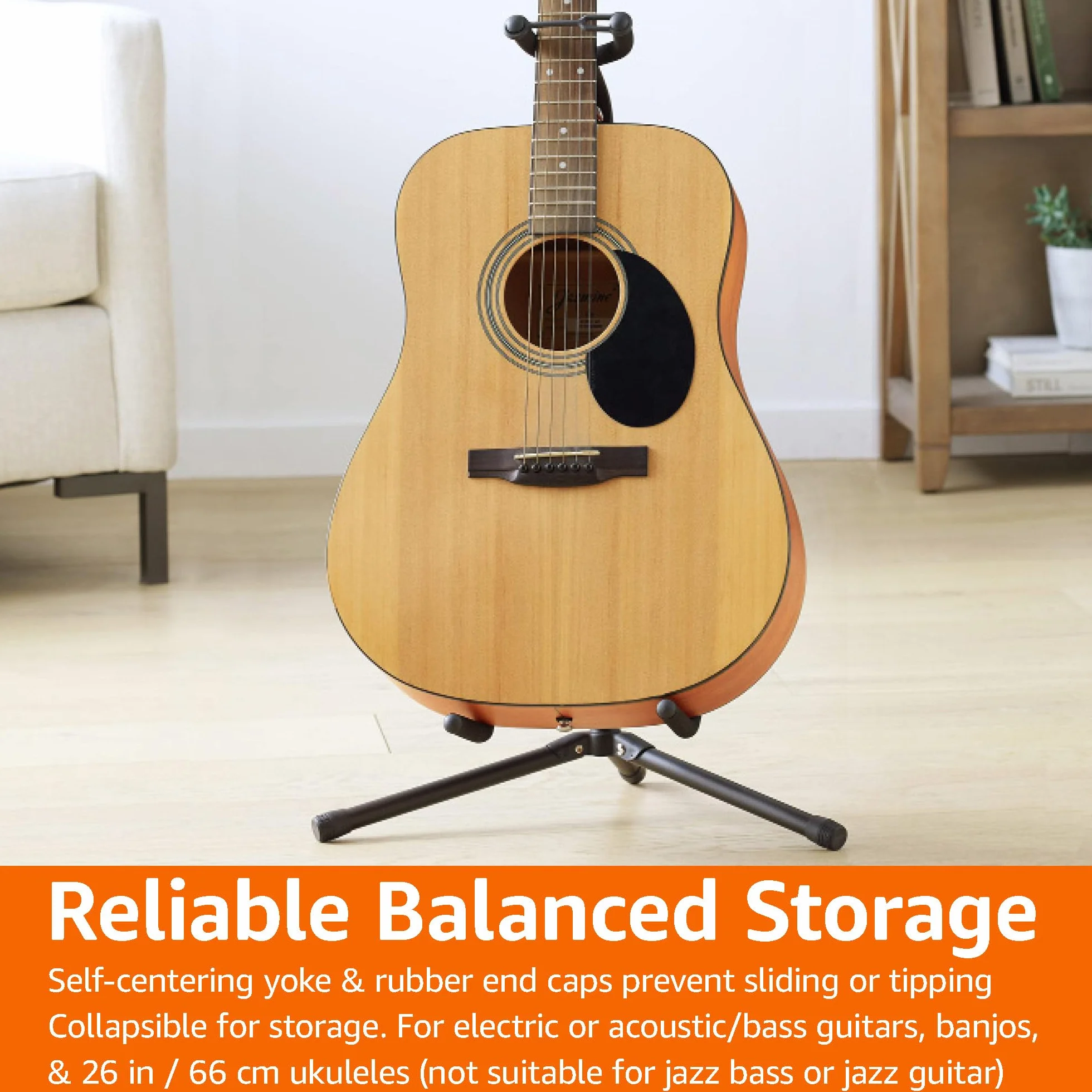 Amazon Basics – regulowany składany stojak na gitarę z uchwytem na gryf do gitar akustycznych, elektrycznych, basowych, banjo i 26-calowych ukulele, żelazna rama z miękką gumową wyściółką, czarny.
