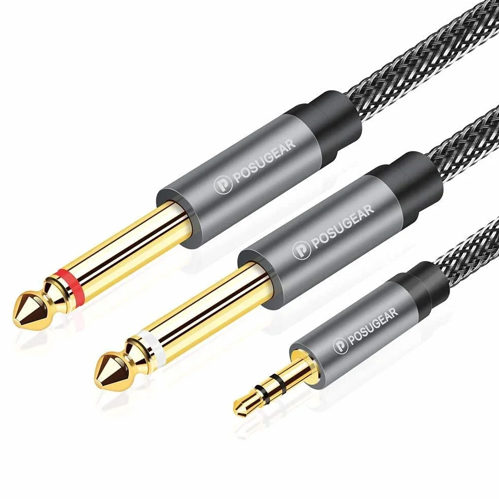 POSUGEAR Kabel audio 3,5 mm na Dual 6,35 mm mono Y 2 m, nylonowy pleciony wtyk jack 6,35 mm na jack 3,5 mm kabel audio rozdzielacz cyfrowy interfejs instrument kabel (szary)