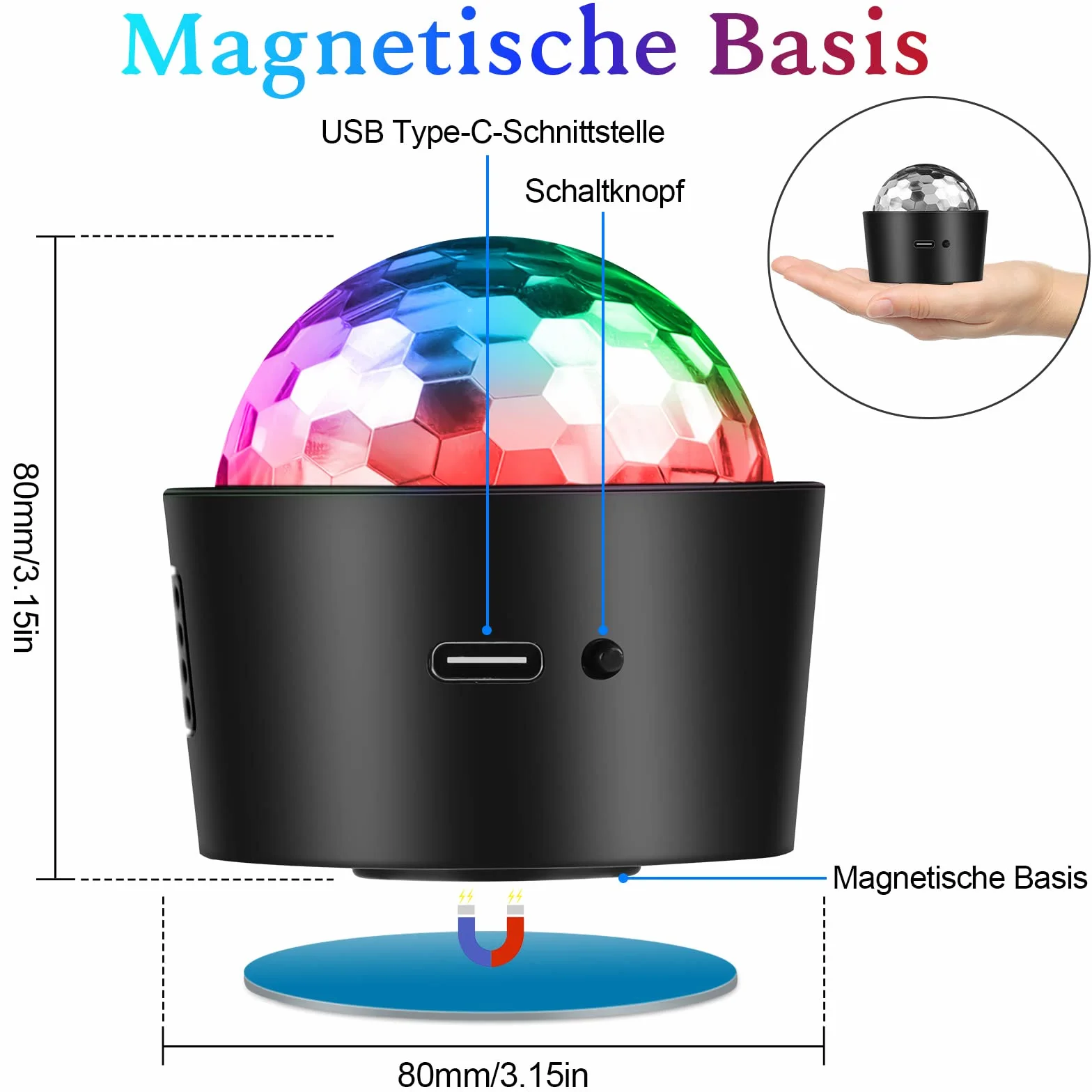 SEBRUANC mini kula dyskotekowa, oświetlenie LED, oświetlenie imprezowe, sterowane muzyką, 380 mAh, USB typu C, dla DJ, światło stroboskopowe z lampką nocną dla dzieci, na imprezy, urodziny, KTV