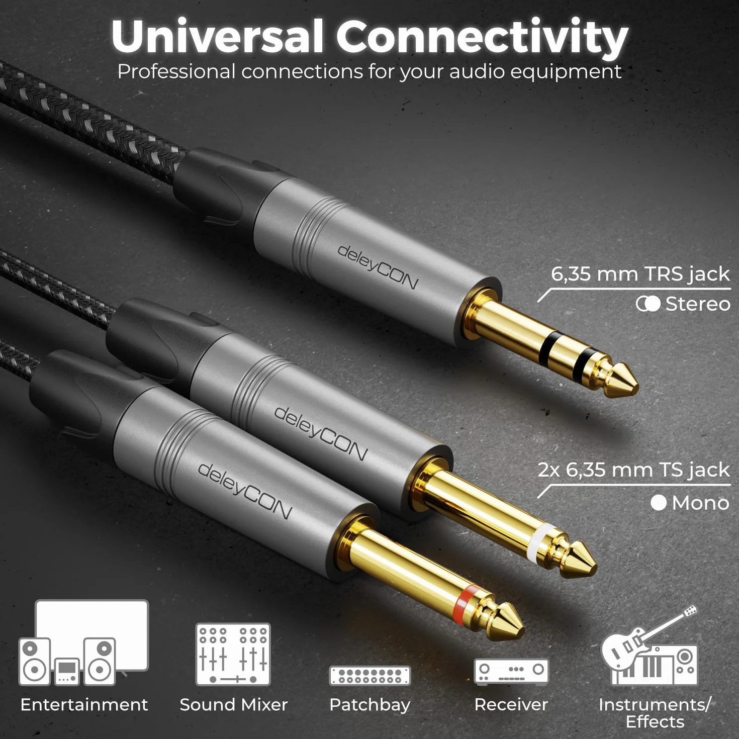 deleyCON 1m 6,3mm Klinke Stereo na 2x 6,3mm Klinke Mono Kabel - Insertowy Y Przewód Audio Rozdzielacz Digital Interface Instrument Kabel do Miksera, Rejestratora Audio, Gitary, Wzmacniacza, Mikrofonu
