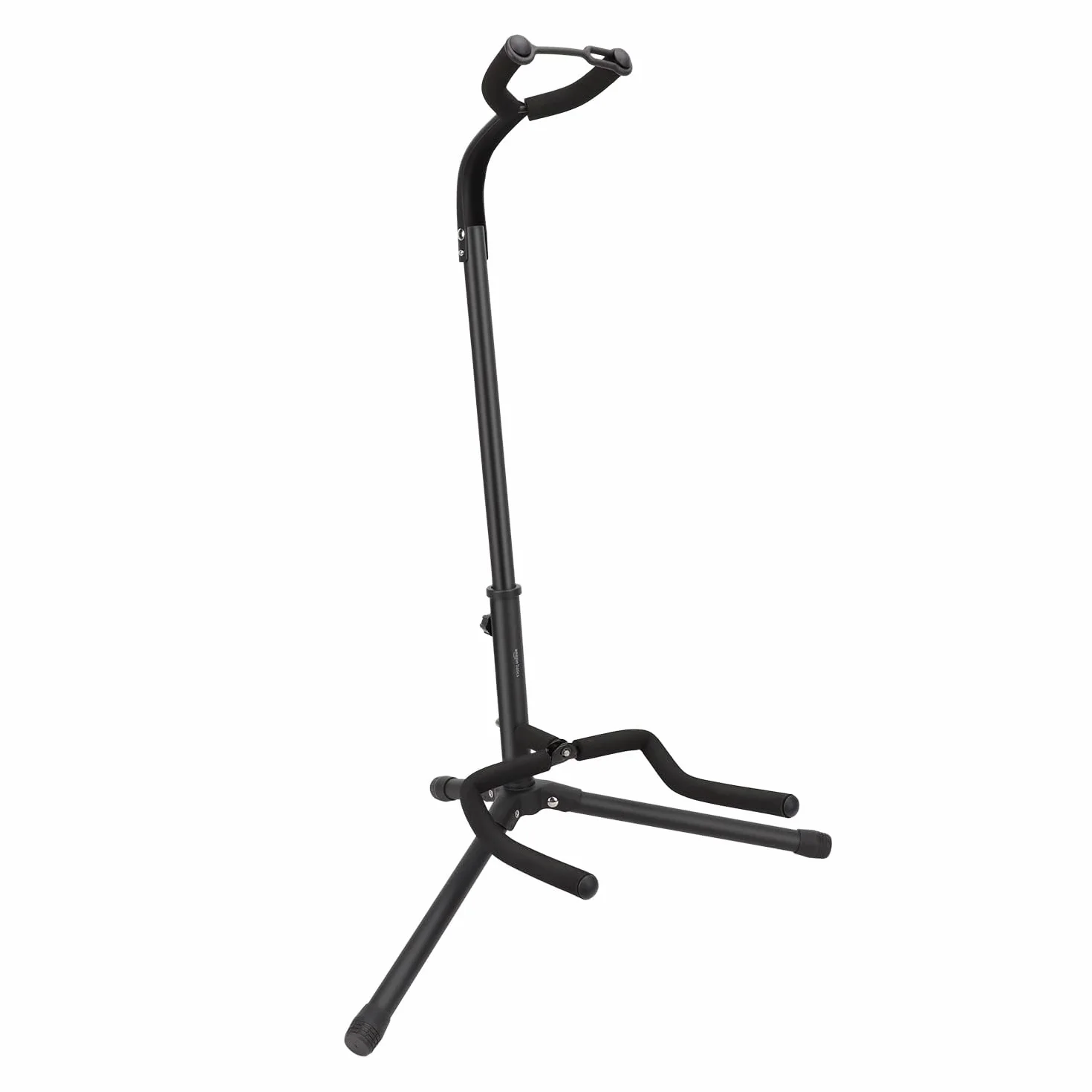 Amazon Basics – regulowany składany stojak na gitarę z uchwytem na gryf do gitar akustycznych, elektrycznych, basowych, banjo i 26-calowych ukulele, żelazna rama z miękką gumową wyściółką, czarny.