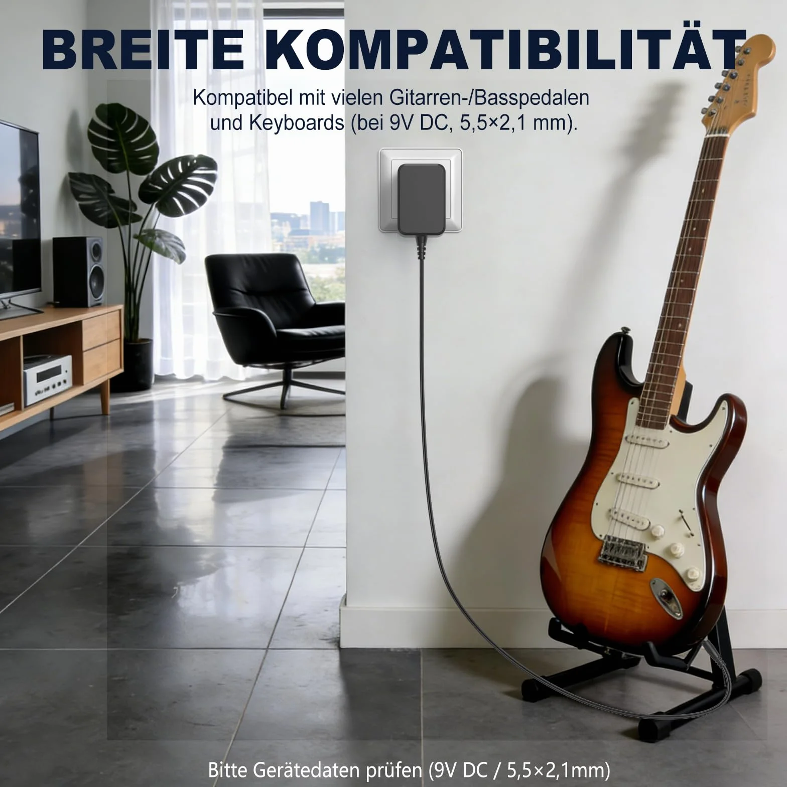 9 V 1 A zasilacz do pedałów gitarowych – 5,5 × 2,1 mm DC, kabel 1,8 m, wtyczka UE 100–240 V, kompatybilny z BOSS PSA-120S, Casio Keyboard, Zoom, Roland – niski poziom hałasu i ochrona