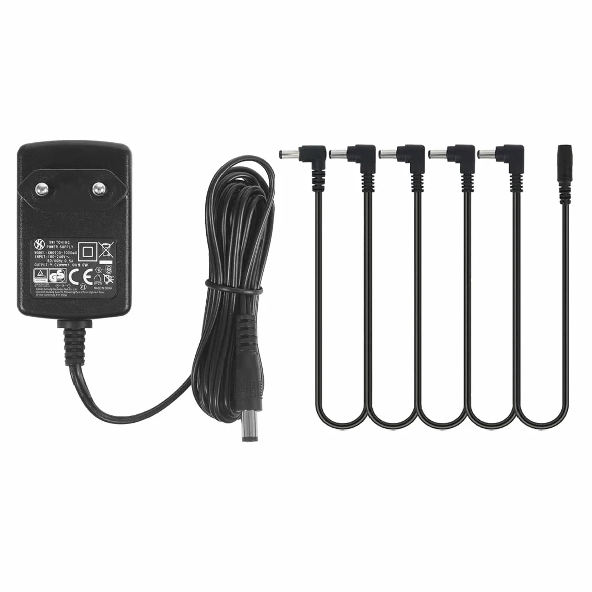 gitarowy 9V DC 1A adapter zasilający, z 5-ścieżkowym kablem Daisy Chain, do pedału efektu gitarowego, ujemny środem,