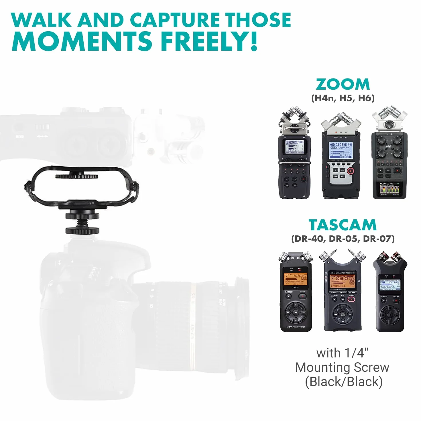 Movo SMM5-B uniwersalny uchwyt do mikrofonu i przenośnego rejestratora - pasuje do Zoom H1n, H2n, H4n, H5, H6, Tascam DR-40x, DR-05x, DR-07x i innych ze śrubą montażową 1/4" (czarny)