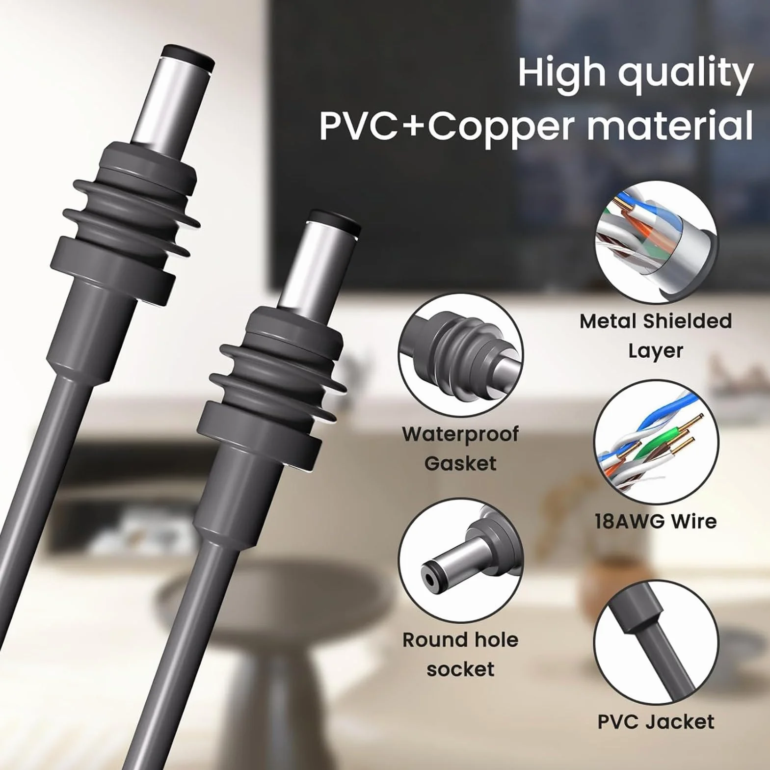 Kabel Mini, Przewód 18AWG IP68 Wodoodporny Gumowy Miedziany Przedłużacz Zasilający do Mini (5 m/16,4 stopy)