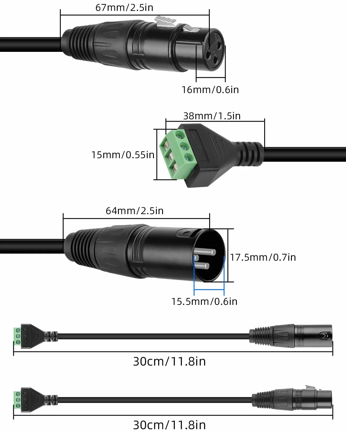 GELRHONR Gniazdo XLR 30 cm na 3-pinowym terminalu, bezlutowy kabel konwerterowy ze śrubokrętem, DMX do mikrofonu DIY, głośnik, nagrywanie na żywo i wydajność, sterowanie oświetleniem scenicznym (2