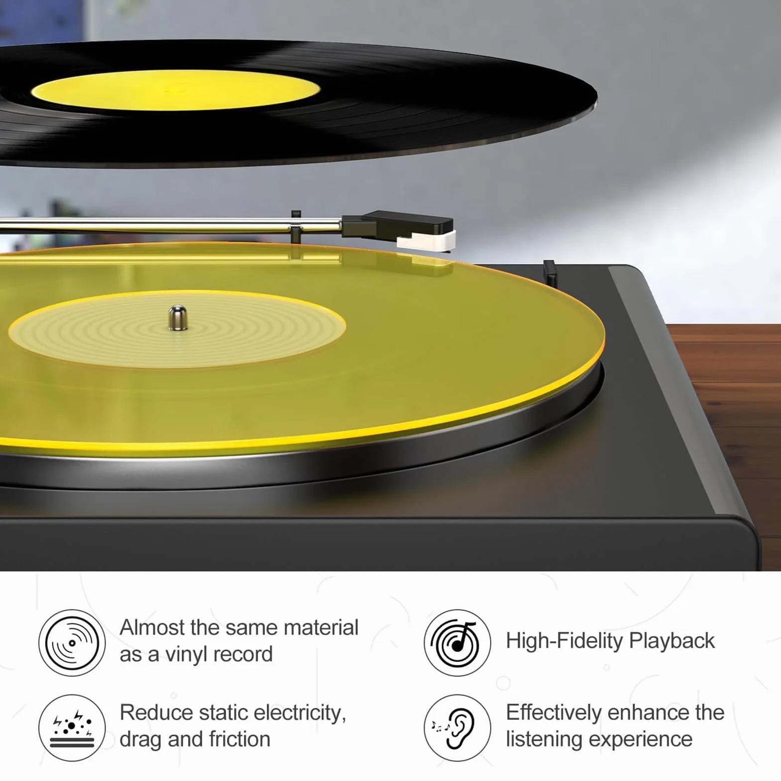 Akrylowa Mata Pod Gramofon, Mata Pod Talerz Gramofonu do 12-calowego Gramofonu, Mocniejsza jakość Basu, Redukcja Szumów Płyta Slipmat 300x300x3mm (Przezroczysty żółty)