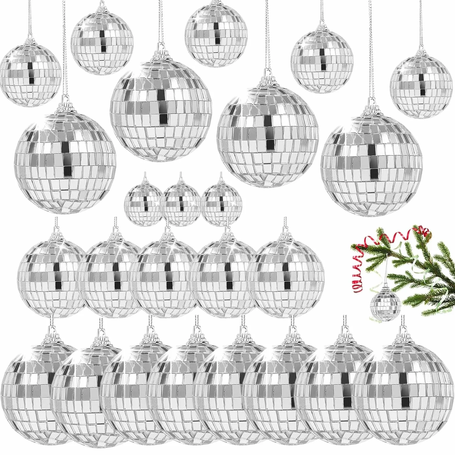 25 sztuk dekoracyjnych kul dyskotekowych, mini kule dyskotekowe, 4 rozmiary, 3 cm, 4 cm, 5 cm, 6 cm, srebrne kule dyskotekowe do zawieszenia na choinkę, wesele, dom, imprezę, przyjęcie urodzinowe