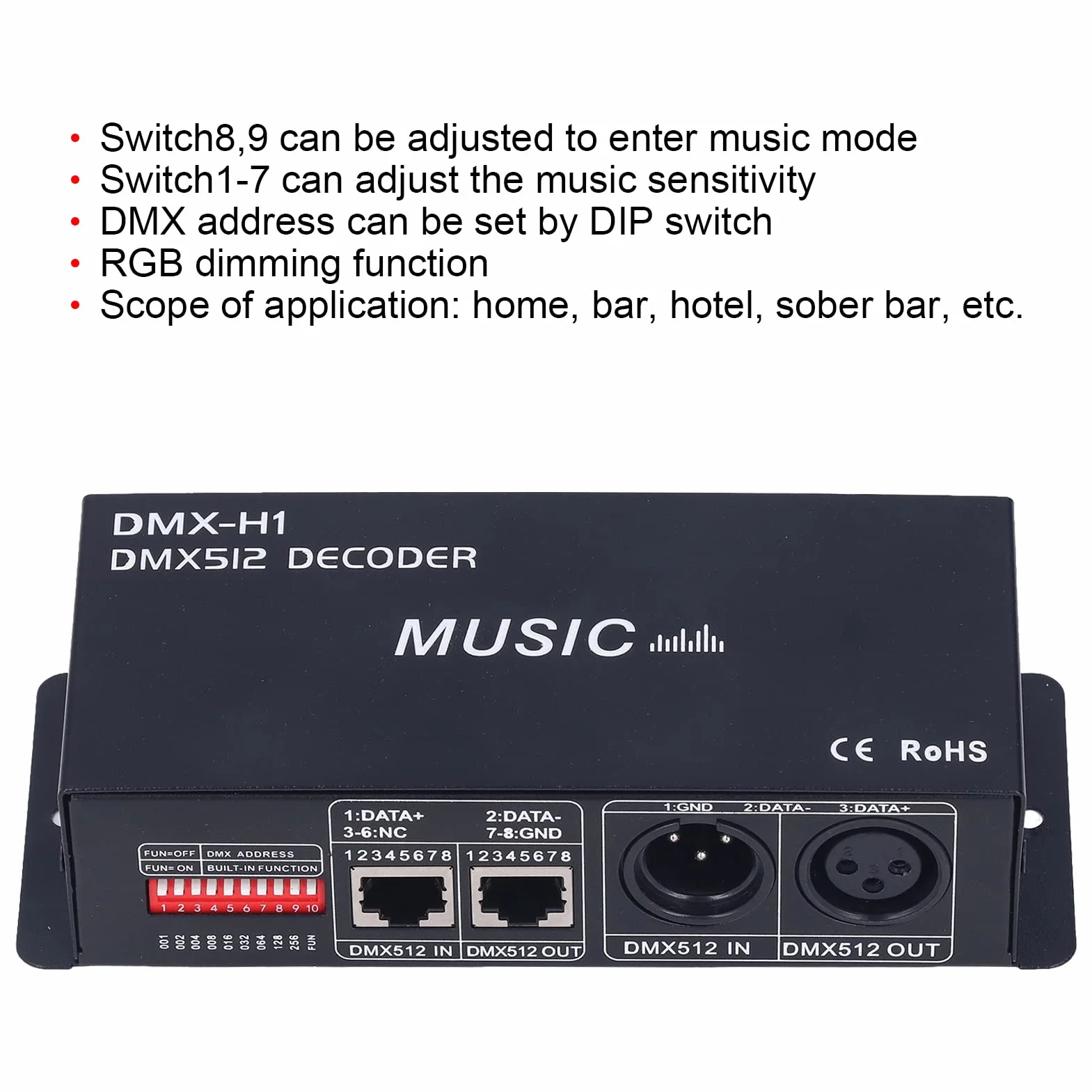 3-kanałowy Kontroler Decorder RGB DMX 512 8A Regulowany ściemniacz Kontroler Decorder dla Hoteli w Barach(4A w każdą stronę)