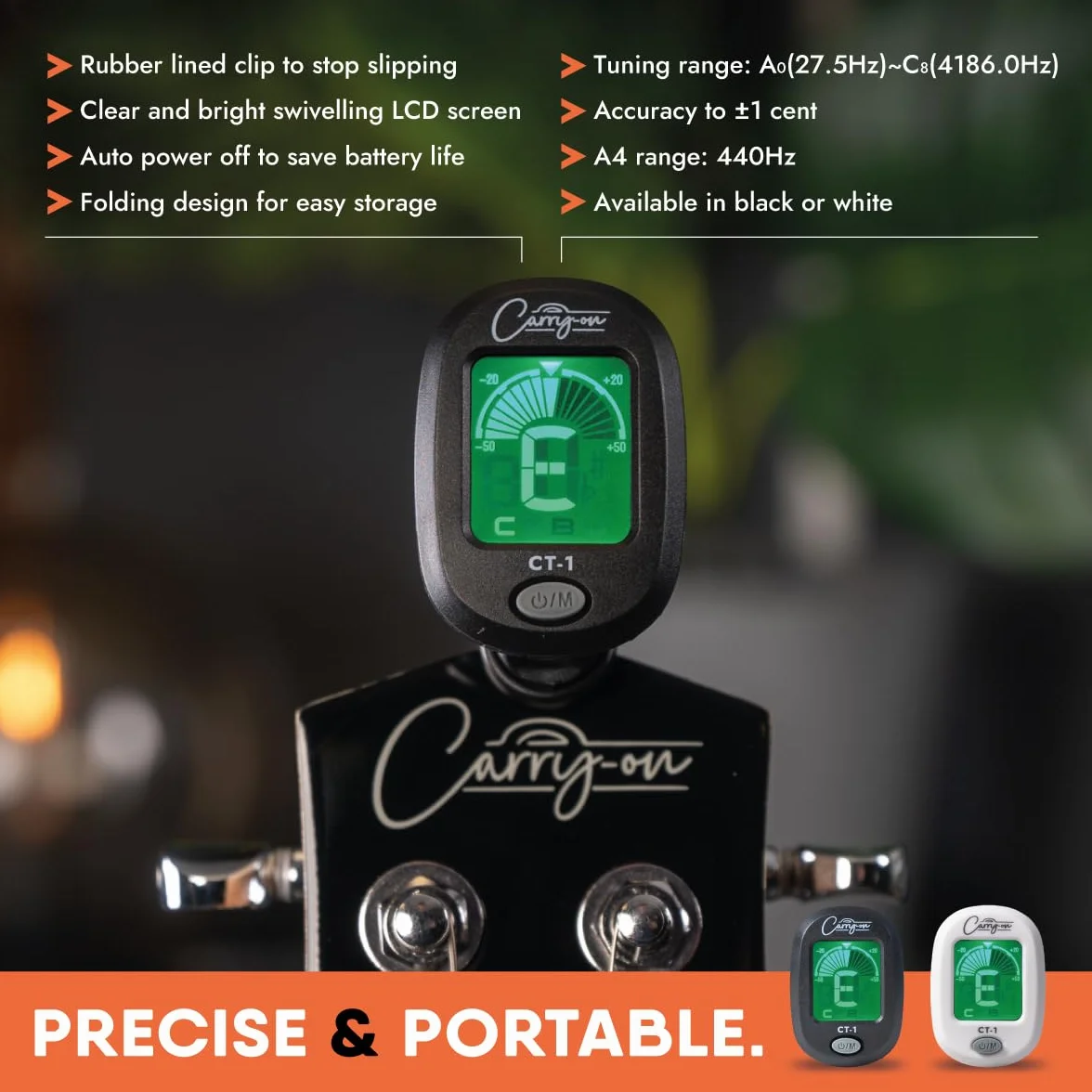 Carry-on CT-1 Clip-on stroik chromatyczny do gitary, basu, ukulele C z obrotowym ekranem LCD, czarny