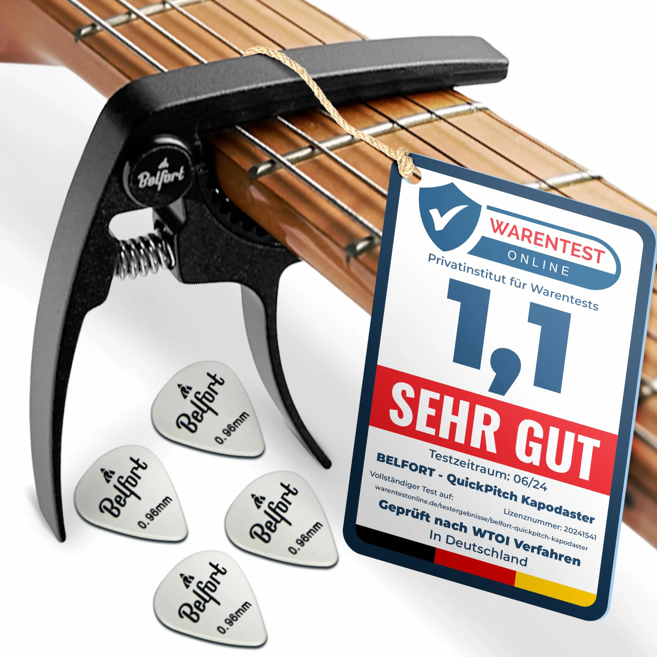 BELFORT® Oryginalny kapodaster QuickPitch do gitary + 3 kostki + gratis eBook ☆ Dziecinnie łatwa obsługa ☆ Capo do gitary – gitara westernowa, akustyczna, koncertowa, elektryczna i ukulele