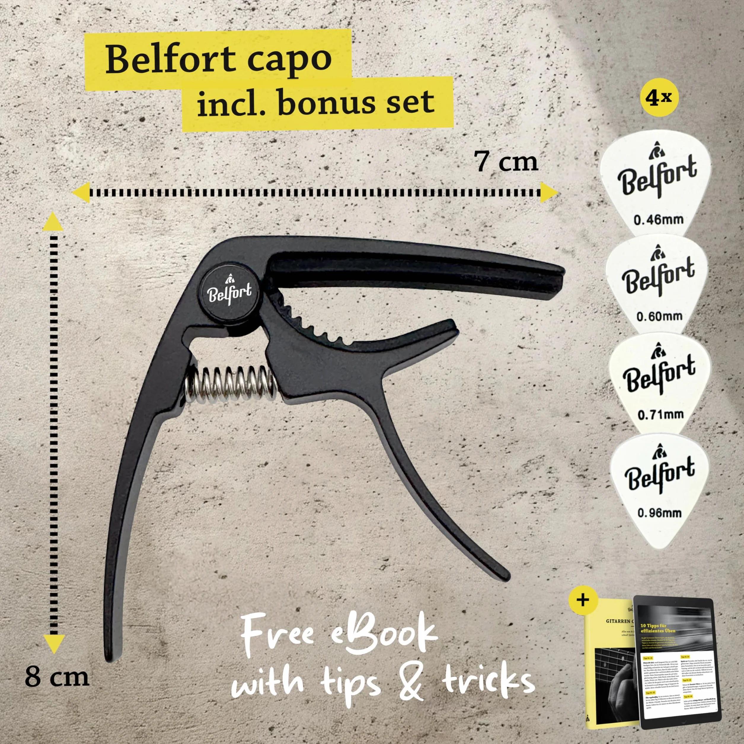 BELFORT® Oryginalny kapodaster QuickPitch do gitary + 3 kostki + gratis eBook ☆ Dziecinnie łatwa obsługa ☆ Capo do gitary – gitara westernowa, akustyczna, koncertowa, elektryczna i ukulele