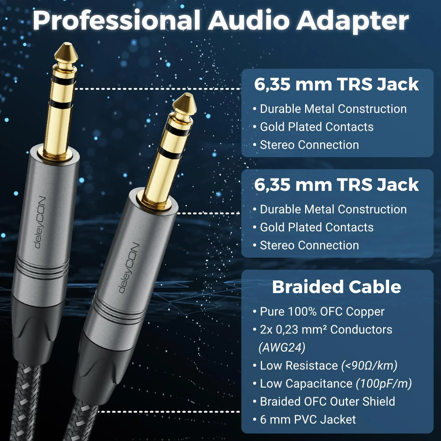 deleyCON 0,5m Kabel Instrumentalny Jack 6,35 mm na 6,35 mm Jack TRS (Stereo) AUX - Jakość Studyjna - z Czystej Miedzi OFC (AWG24) - do Wzmacniacza Miksera Gitary Elektrycznej Basu Klawiatury