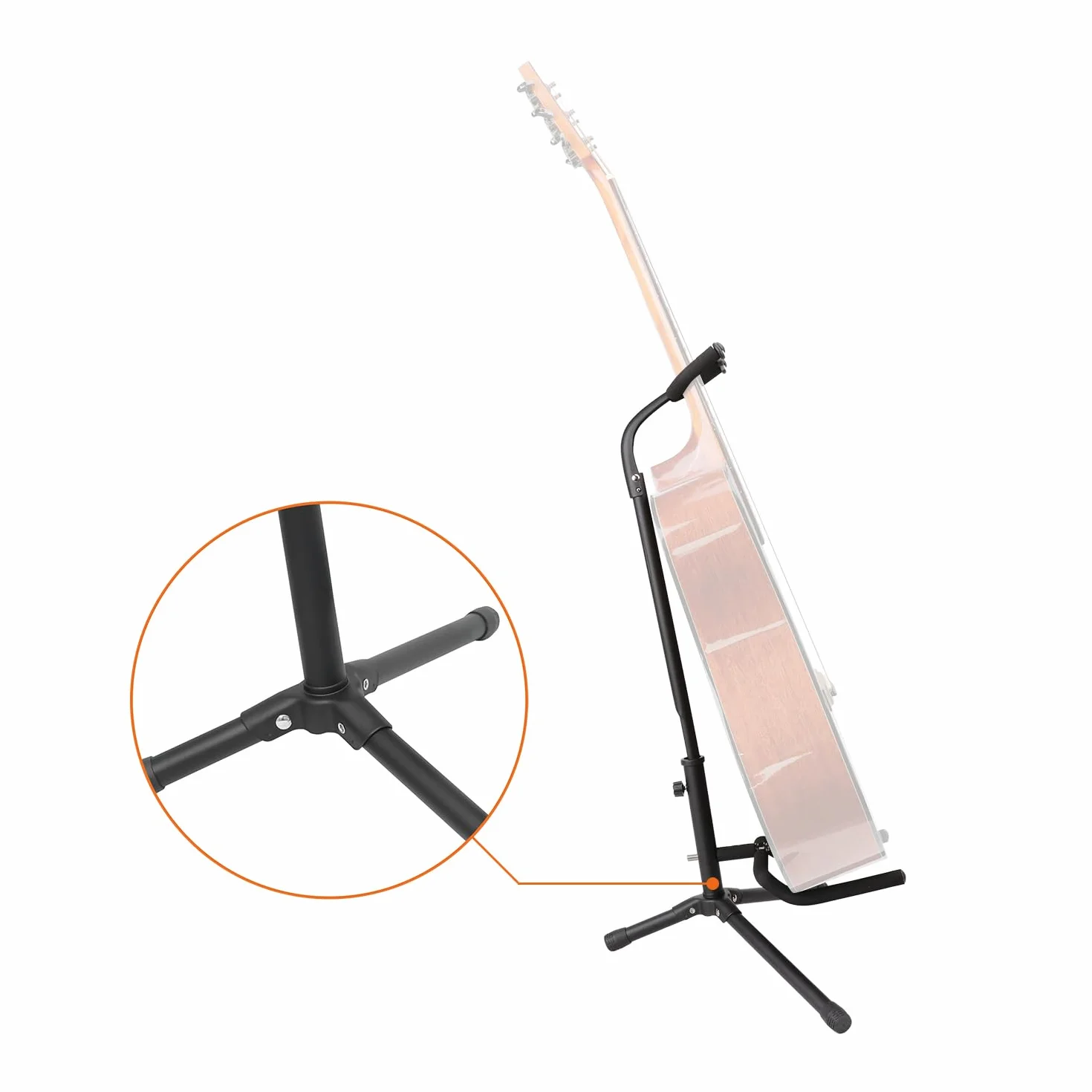 Amazon Basics – regulowany składany stojak na gitarę z uchwytem na gryf do gitar akustycznych, elektrycznych, basowych, banjo i 26-calowych ukulele, żelazna rama z miękką gumową wyściółką, czarny.