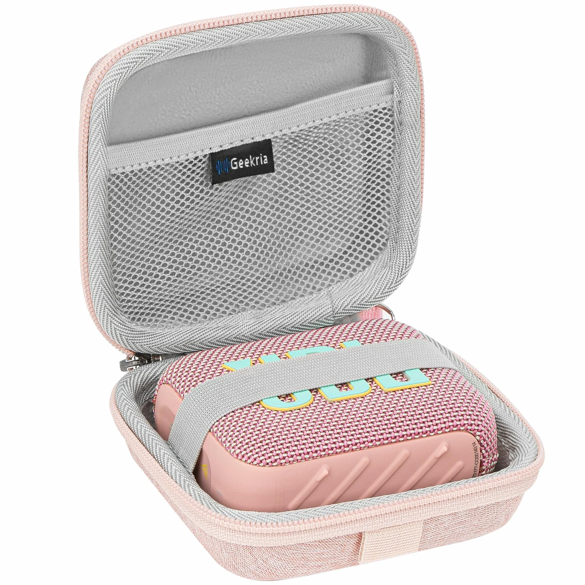 Geekria Shield Speaker Case kompatybilny z JBL Go 5/4/3, Go 3 Eco Cover, pokrowiec twardy ochronny na głośnik, z miejscem na kabel, brelok-karabinek (Różowy)