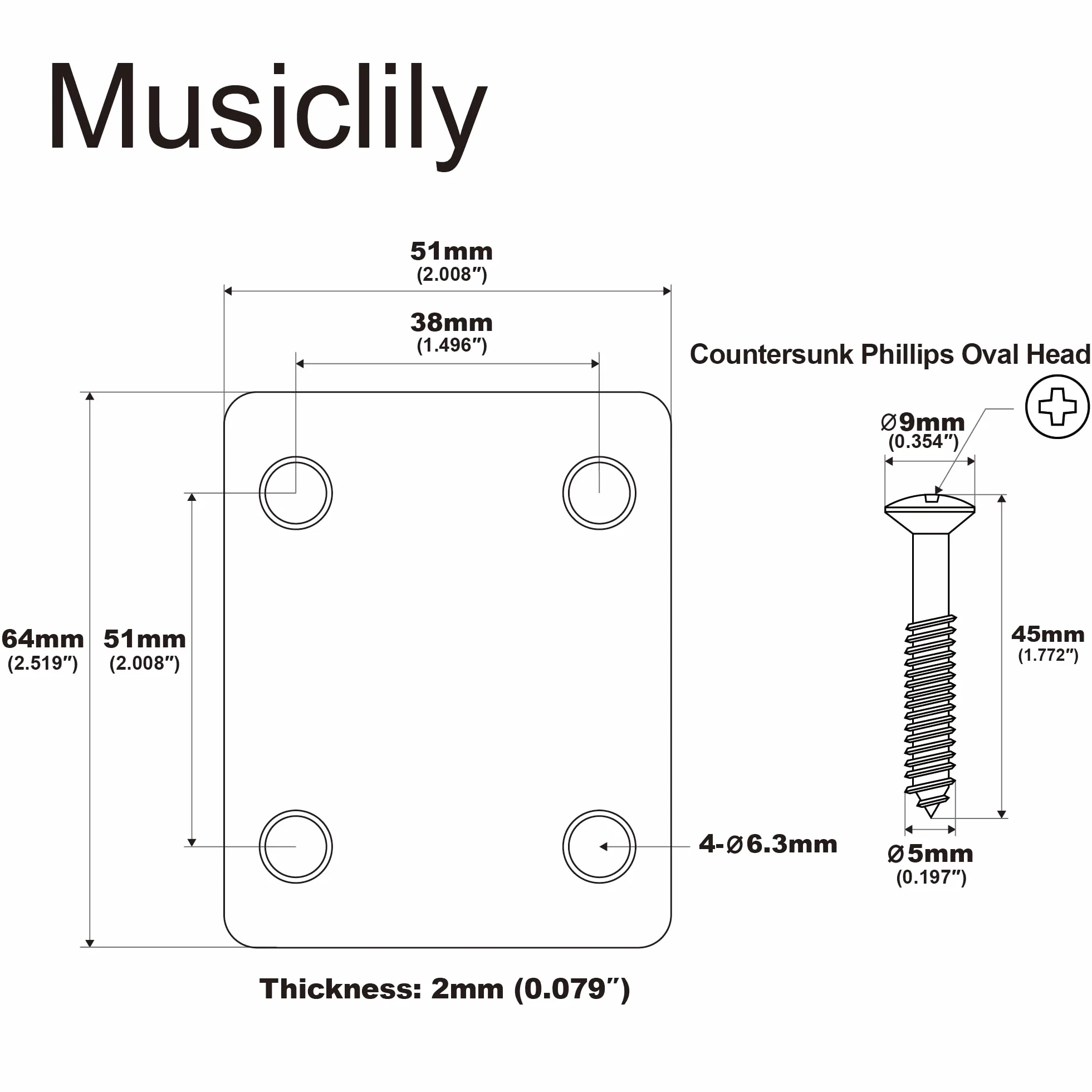 Musiclily Metal Płytka Mocowania Gryfu Gitara Neck Plate do Gitary Elektrycznej Basu Fender, Chrom
