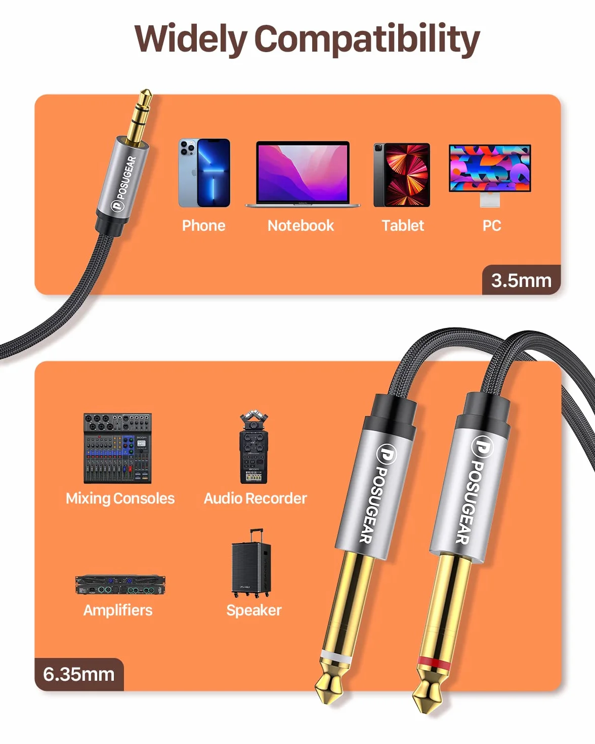POSUGEAR Kabel audio 3,5 mm na Dual 6,35 mm mono Y 2 m, nylonowy pleciony wtyk jack 6,35 mm na jack 3,5 mm kabel audio rozdzielacz cyfrowy interfejs instrument kabel (szary)