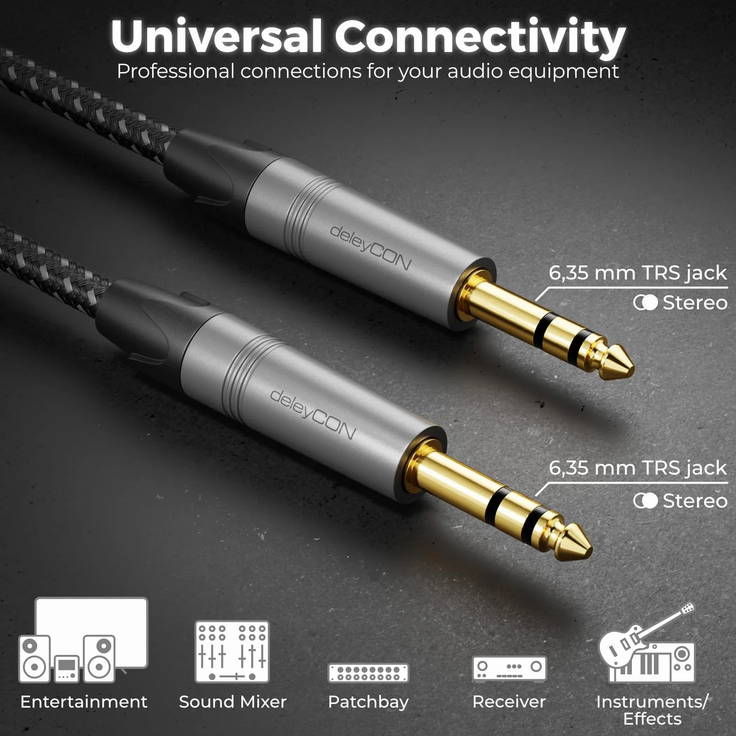 deleyCON 0,5m Kabel Instrumentalny Jack 6,35 mm na 6,35 mm Jack TRS (Stereo) AUX - Jakość Studyjna - z Czystej Miedzi OFC (AWG24) - do Wzmacniacza Miksera Gitary Elektrycznej Basu Klawiatury