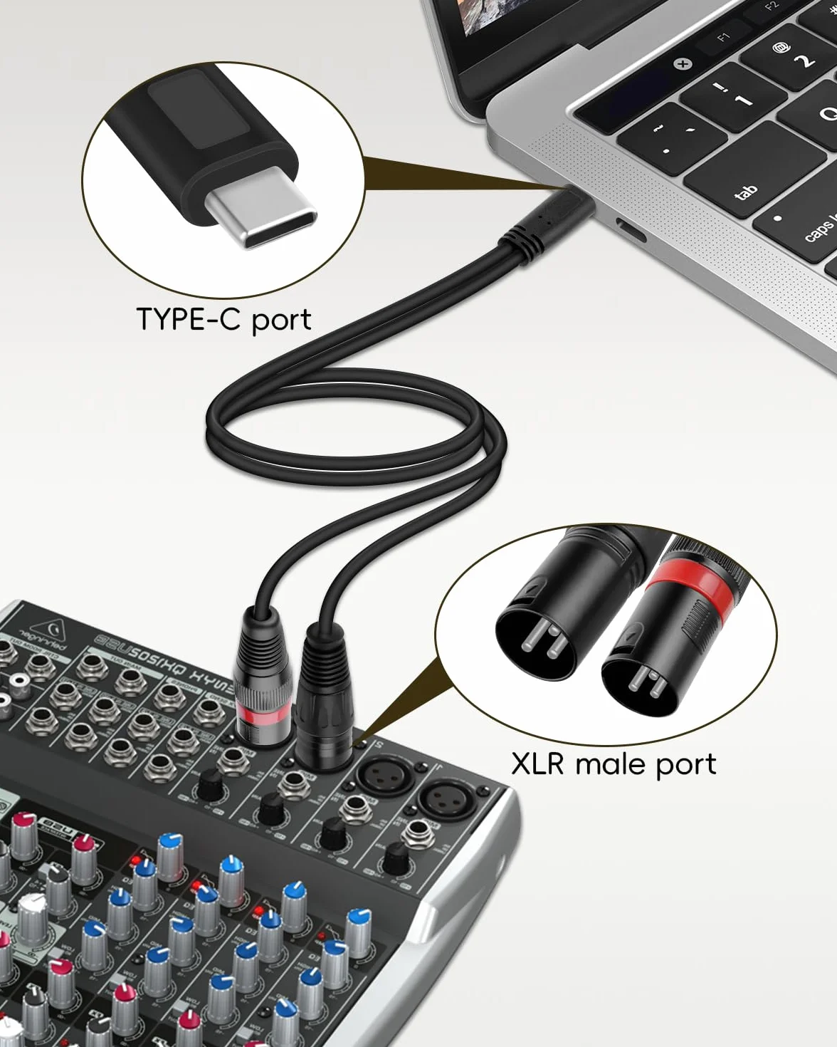 GELRHONR Męski kabel audio USB C na podwójny XLR, 3,3 m m XLR kabel zasilający stereo typu C do wzmacniacza mocy, głośnika, miksera audio i innych