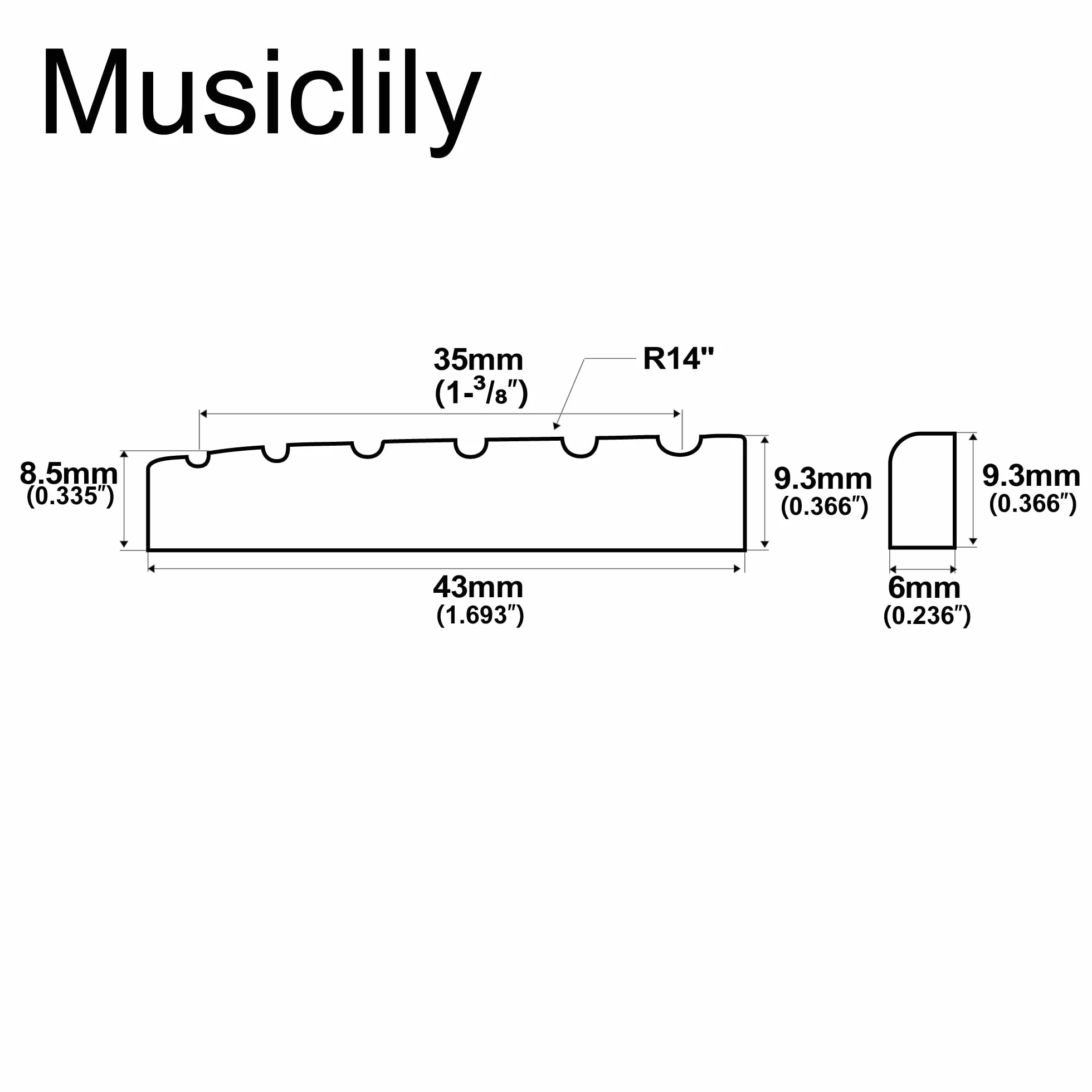 Musiclily Kość Siodełko do Gitary Akustycznej 43x6x9,3mm(2 szt.)