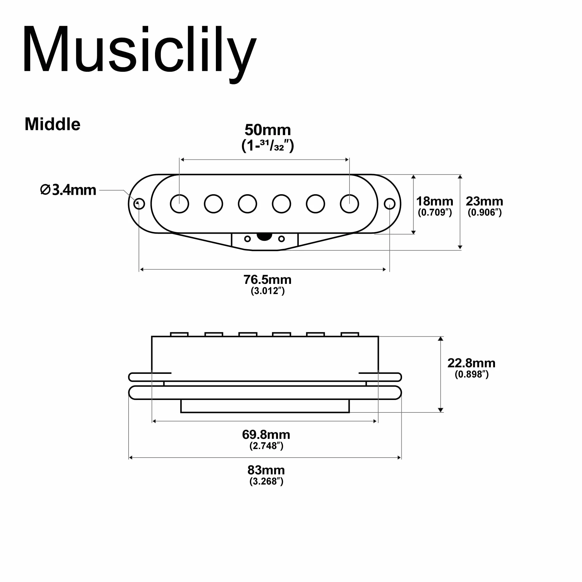 Musiclily 50mm Single Coil Przetwornik Strat Pickup Middle do Gitary Stratocaster, Czarny