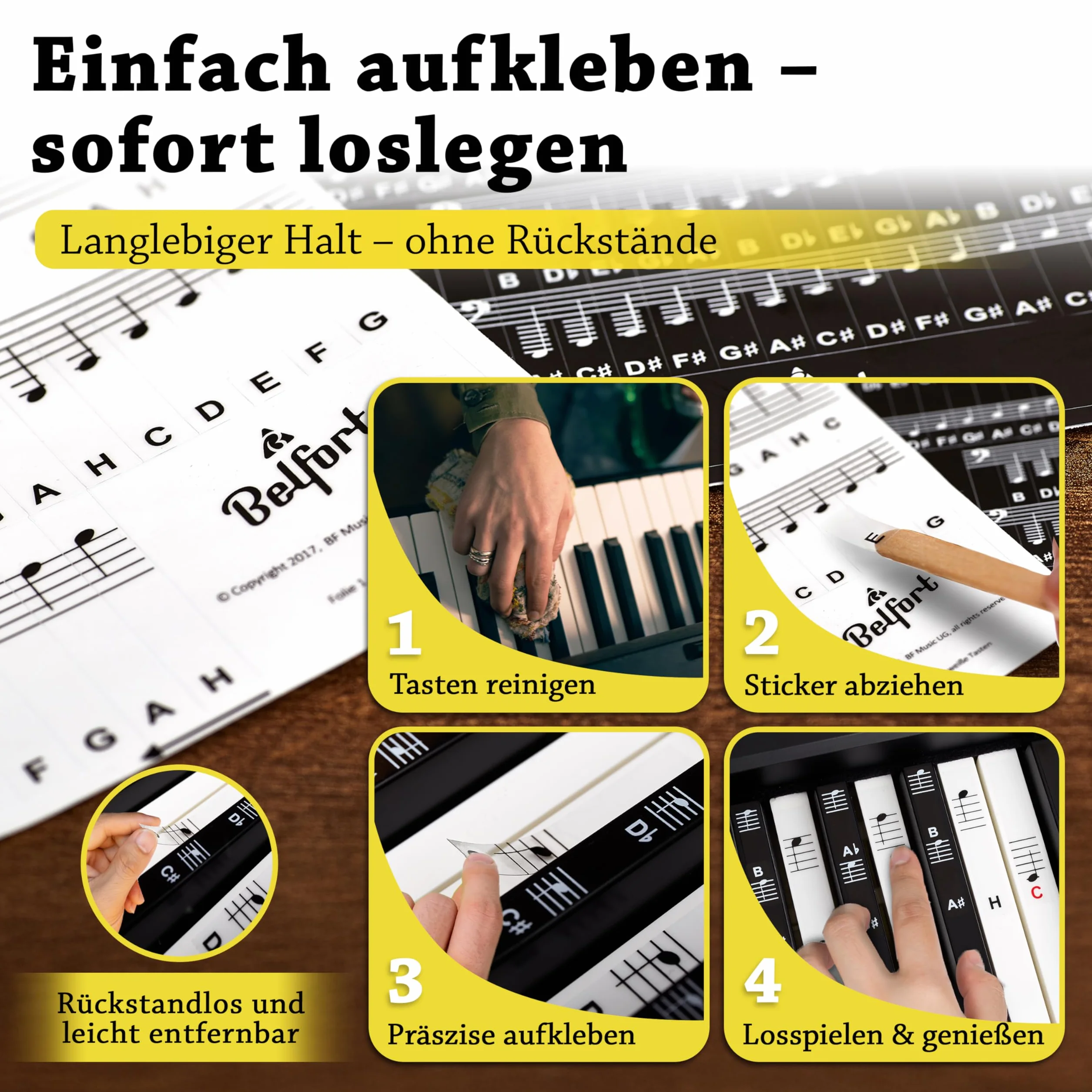 BELFORT® naklejki na klawisze pianina + keyboard na 49, 61, 76, 88 klawiszy + ebook, naklejki na pianino kompletny zestaw do czarnych i białych klawiszy, C-D-E-F-G-A-H, prosta instrukcja w języku niemieckim