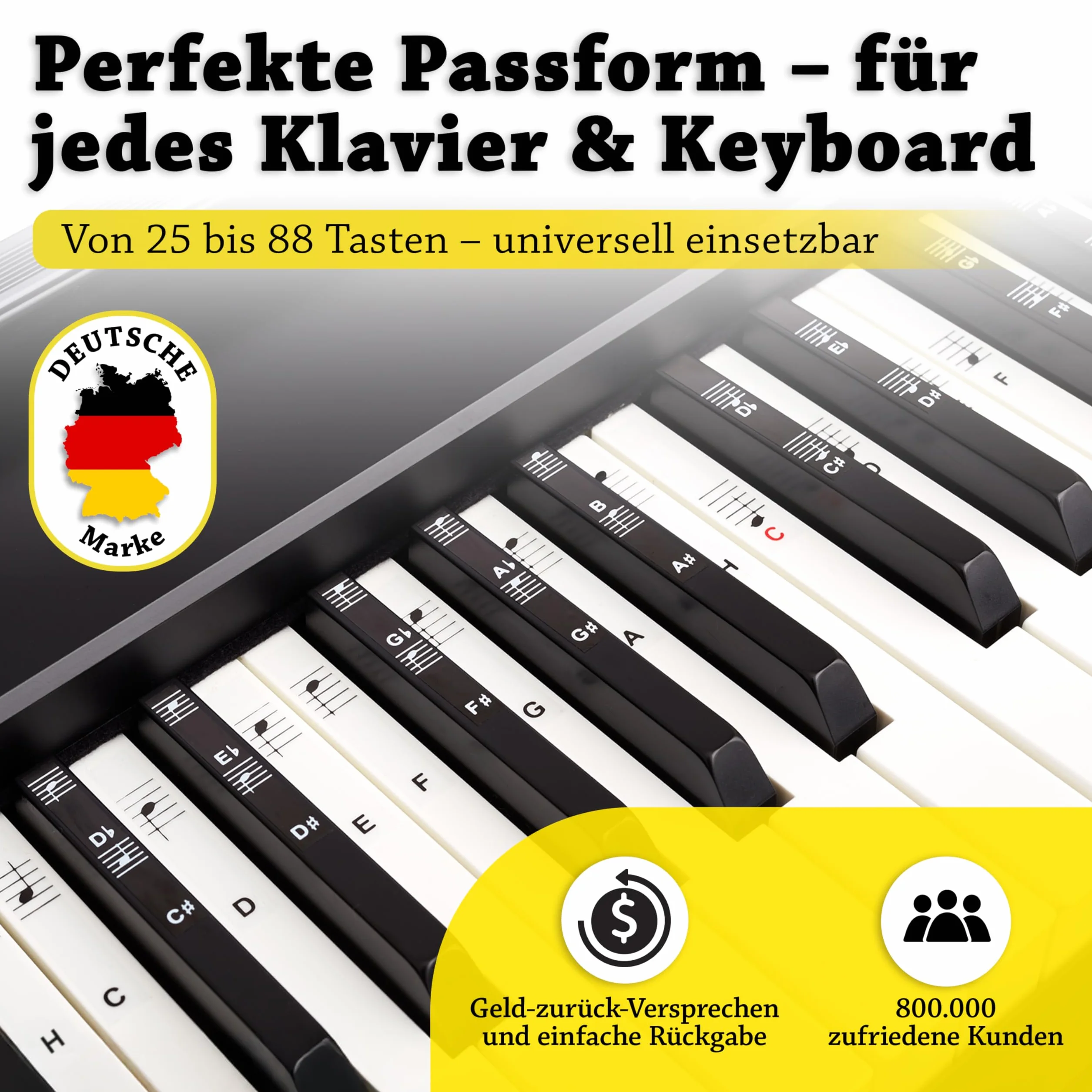 BELFORT® naklejki na klawisze pianina + keyboard na 49, 61, 76, 88 klawiszy + ebook, naklejki na pianino kompletny zestaw do czarnych i białych klawiszy, C-D-E-F-G-A-H, prosta instrukcja w języku niemieckim