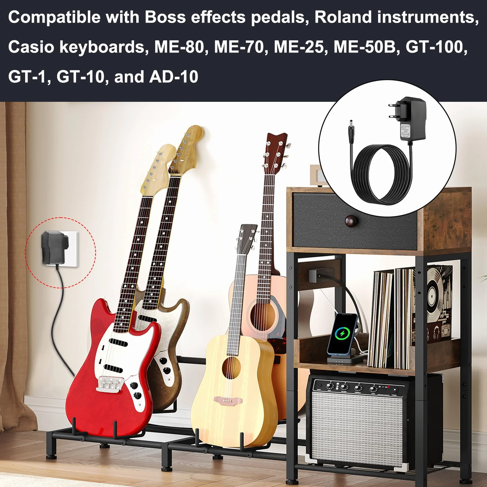 9V 1A Zasilacz do pedału gitarowego, ładowarka kompatybilna z Boss, Roland, Casio, Digitech, MXR, Behringer i innymi pedałami efektów, ładowarka ścienna 2m złącze 5,5 mm x 2,1 mm