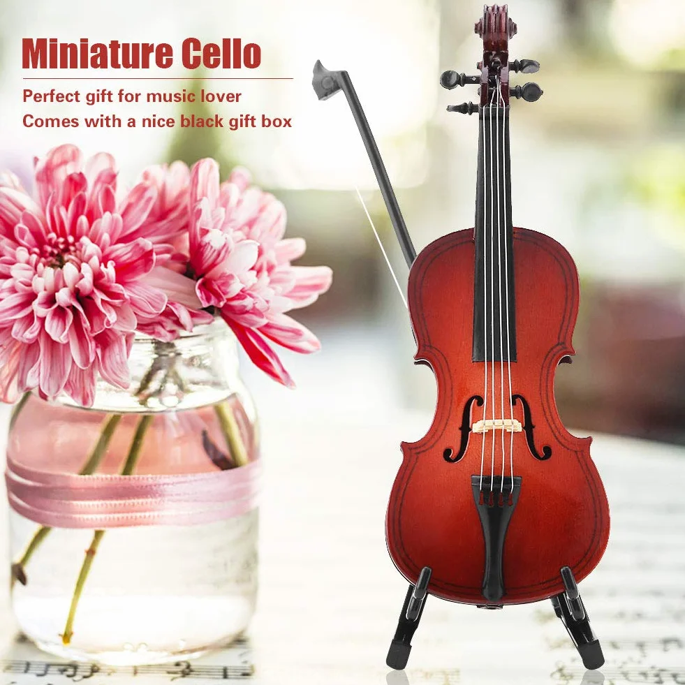 14 cm mini drewniany instrument wiolonczelowy model ozdoby ze stojakiem i etui, znakomite wykonanie, idealny dla dzieci lub przyjaciół muzyka