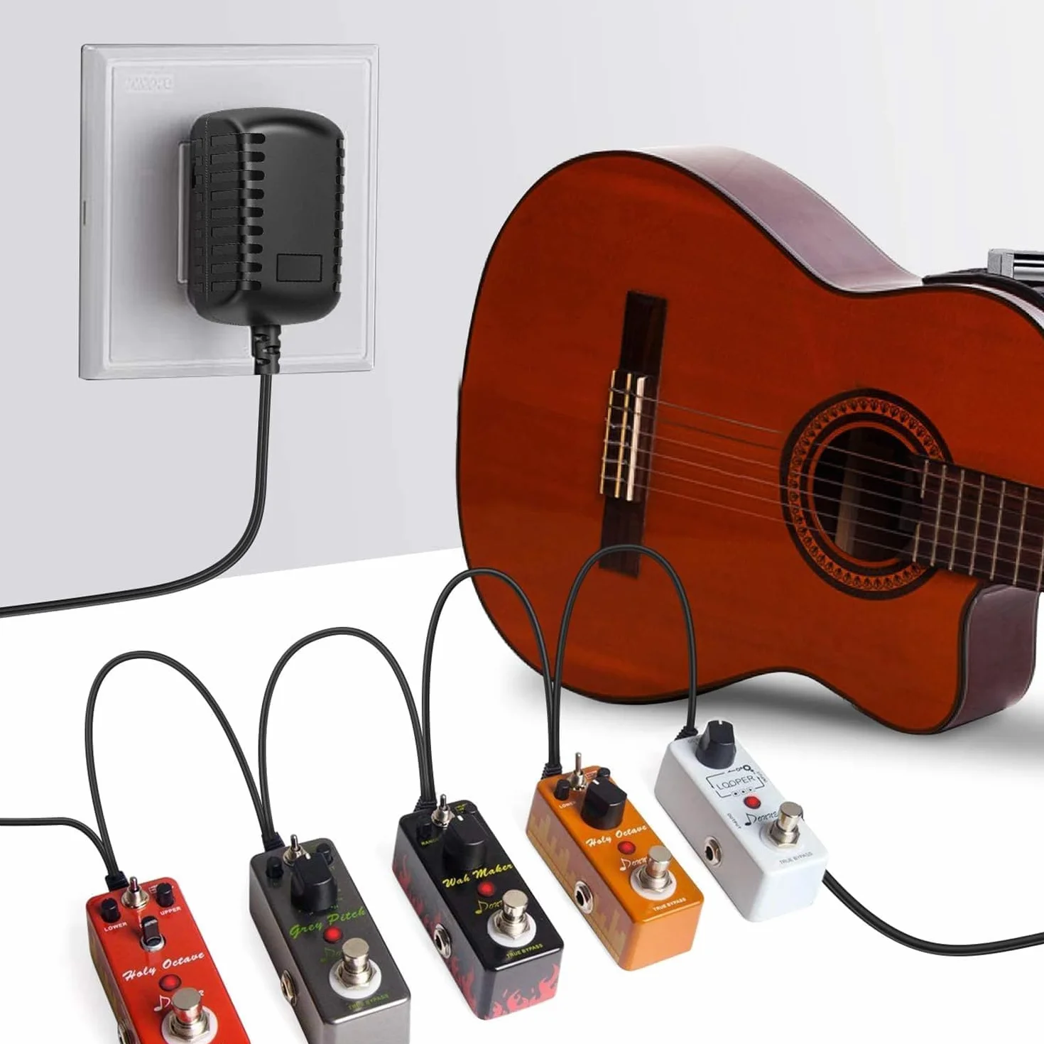 gitarowy 9V DC 1A adapter zasilający, z 5-ścieżkowym kablem Daisy Chain, do pedału efektu gitarowego, ujemny środem,