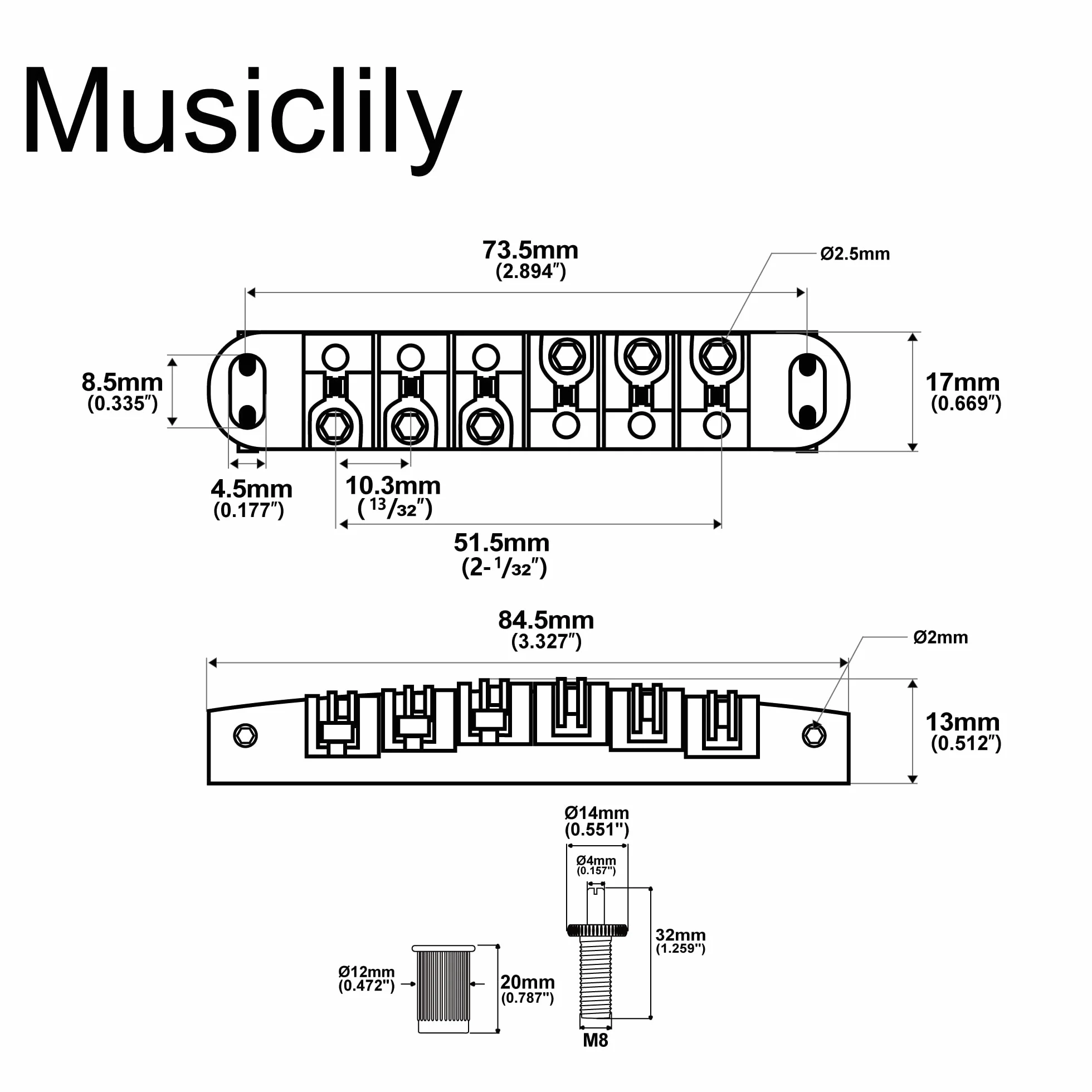Musiclily Blokowany Mostek Rolkowy Tune-o-matic do Gitary Elektrycznej Typu Les Paul, Chrom