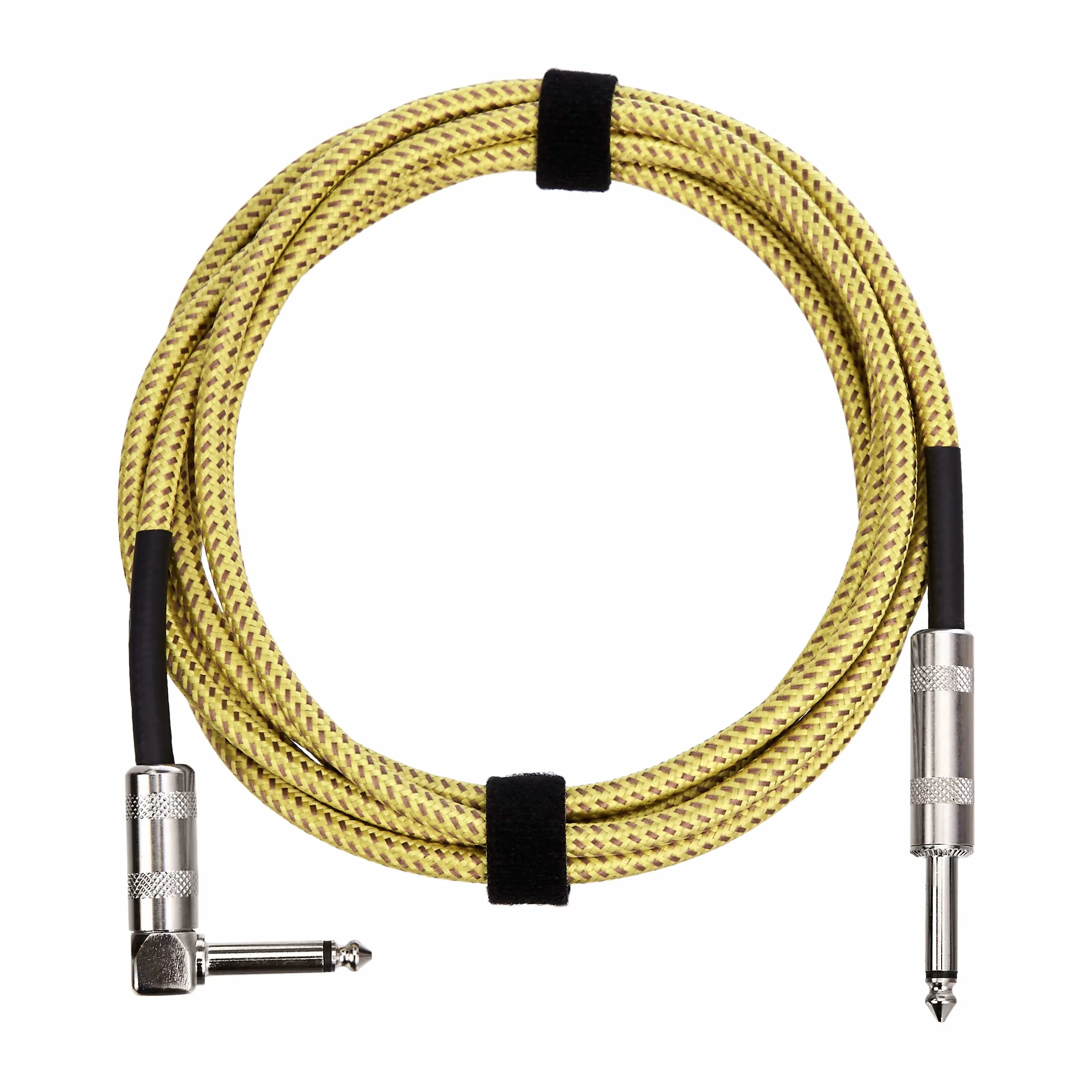 Amazon Basics – kabel pomocniczy do gitary elektrycznej, basu, instrumentów klawiszowych, pleciony, kątowy wtyk 6,35 mm, bezszumowy, 3 m, żółto-brązowy.