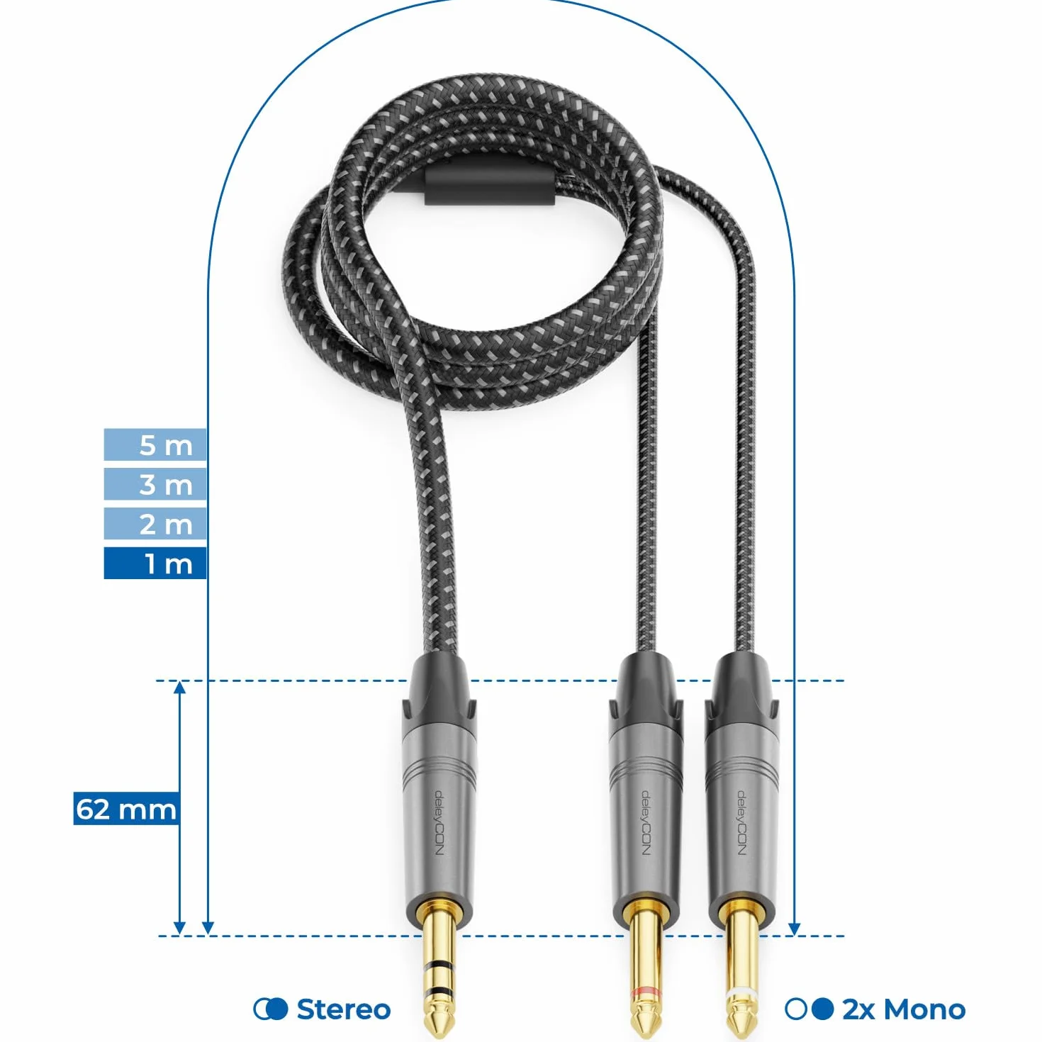 deleyCON 1m 6,3mm Klinke Stereo na 2x 6,3mm Klinke Mono Kabel - Insertowy Y Przewód Audio Rozdzielacz Digital Interface Instrument Kabel do Miksera, Rejestratora Audio, Gitary, Wzmacniacza, Mikrofonu