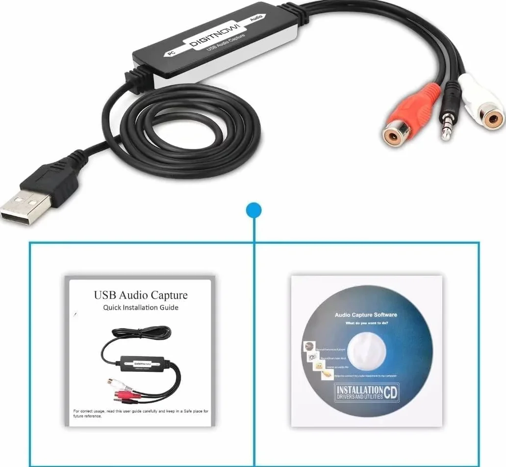 Karta przechwytywania audio USB 2.0 do płyt winylowych, chwytak audio do kaset kasetowych na cyfrowy konwerter MP3 z interfejsem muzycznym stereo RCA/3,5 mm, obsługa Mac i Windows 7/8/10/XP