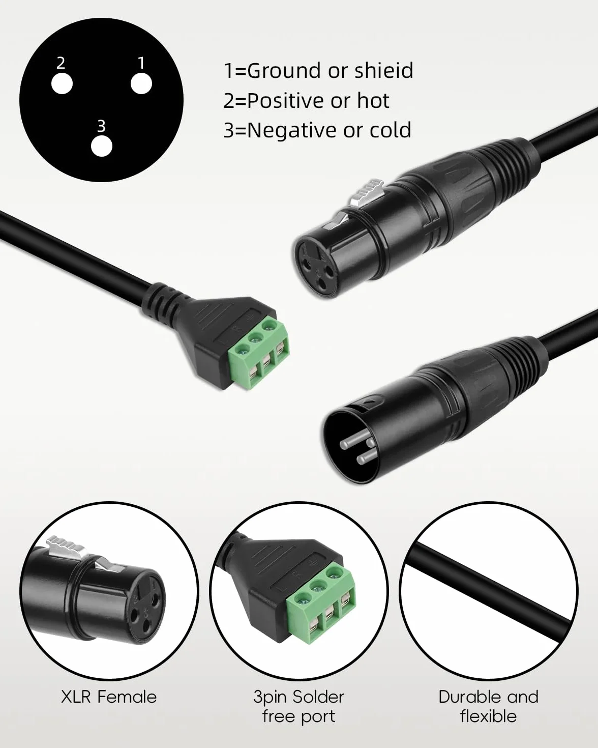 GELRHONR Gniazdo XLR 30 cm na 3-pinowym terminalu, bezlutowy kabel konwerterowy ze śrubokrętem, DMX do mikrofonu DIY, głośnik, nagrywanie na żywo i wydajność, sterowanie oświetleniem scenicznym (2