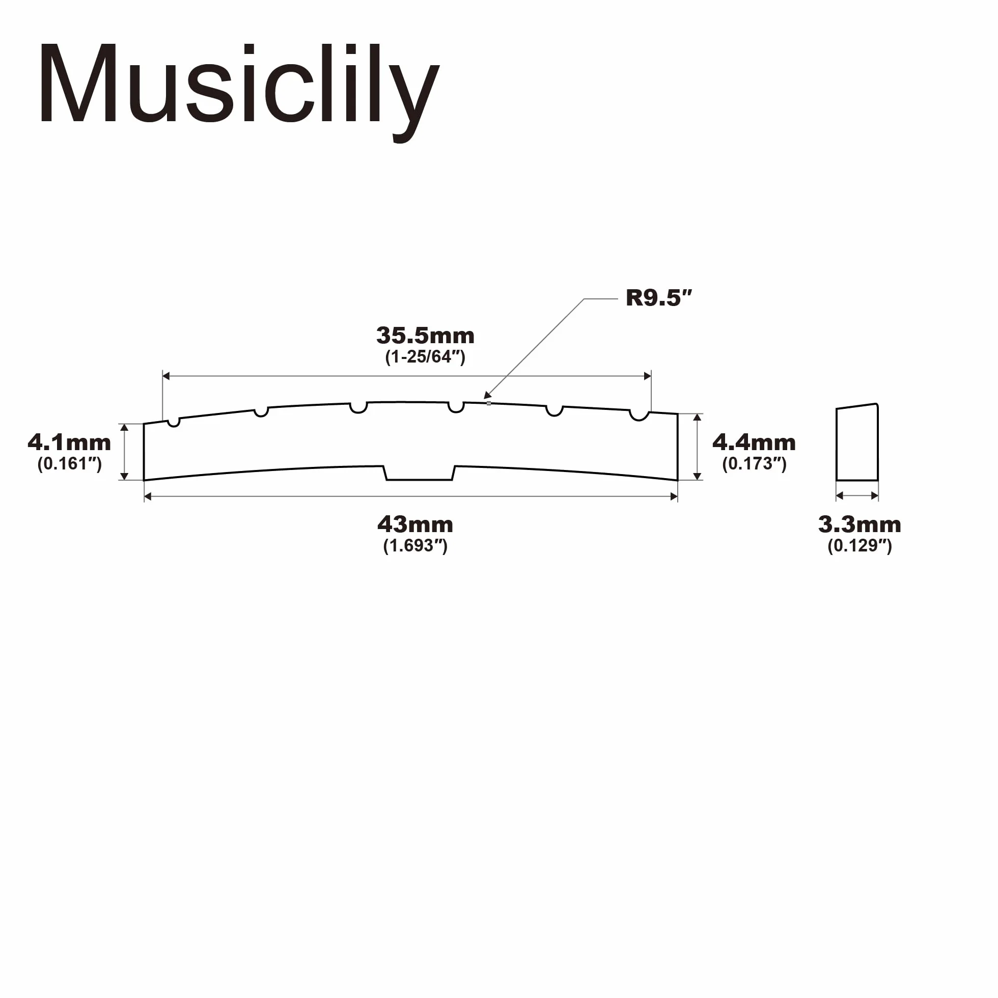 Musiclily Pro 43mm Typu Strat Kość Siodełko Nut do Gitary Elektrycznej 6-strunowej Fender Strat/Tele 43x3,2x5,1mm (2 szt)