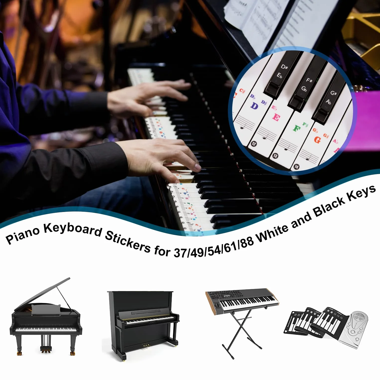 Naklejki fortepianowe na klawisze fortepianowe 37/49/54/61/88 klawiszy, przezroczyste, zdejmowane, kompletny zestaw naklejek na białe i czarne klawisze, fortepian, keyboard, naklejki na nuty, 2 sztuki